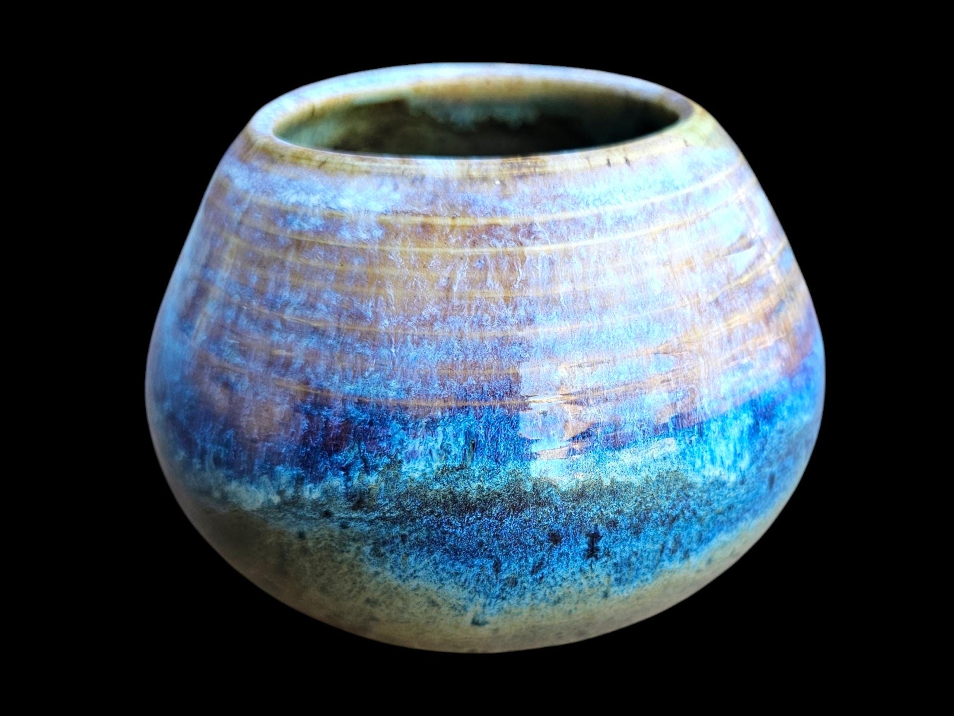 Handmade Ceramic round Jar Vase: Rainbow Lustre Glaze, Signed Art Pottery (6" x 4")