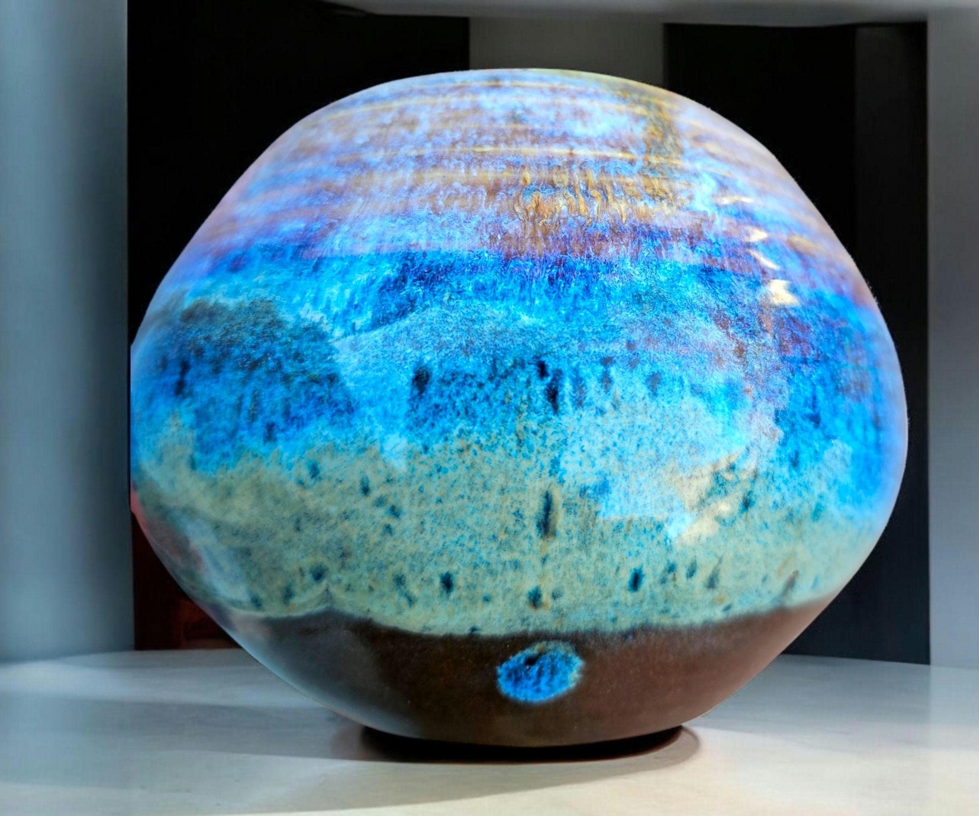 Handmade Ceramic round Jar Vase: Rainbow Lustre Glaze, Signed Art Pottery (6" x 4")