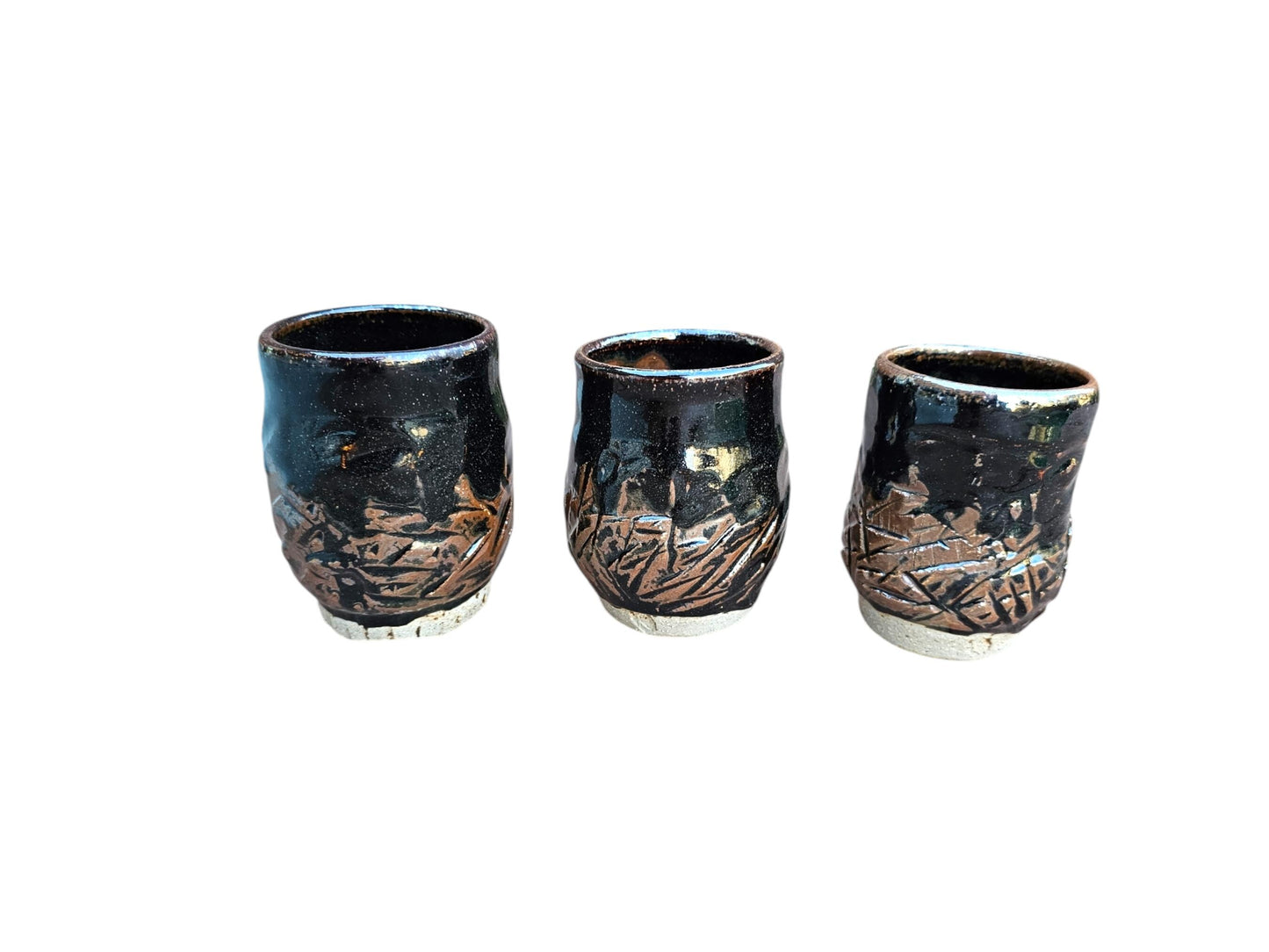 Set of 3: Hand-Carved Teadust Glaze Yunomi Cups