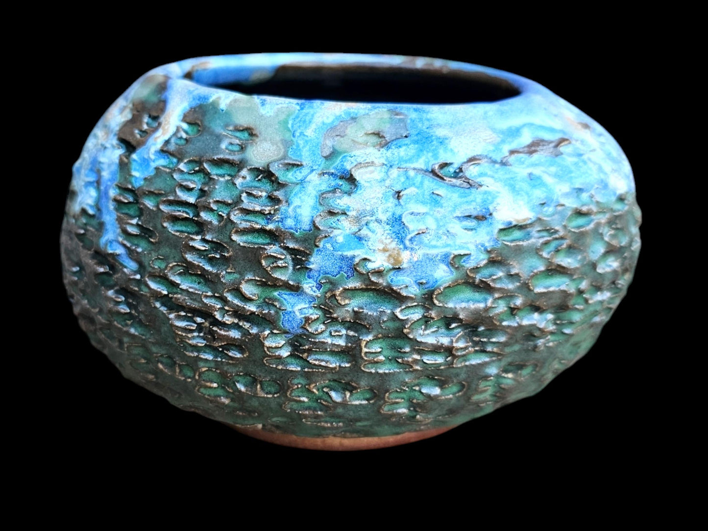 Textured Ceramic Urchin Vase: Soda Fired Blue Green Ikebana Decor