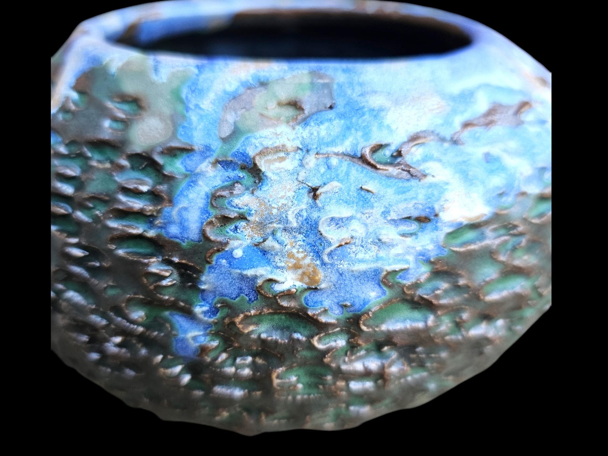 Textured Ceramic Urchin Vase: Soda Fired Blue Green Ikebana Decor