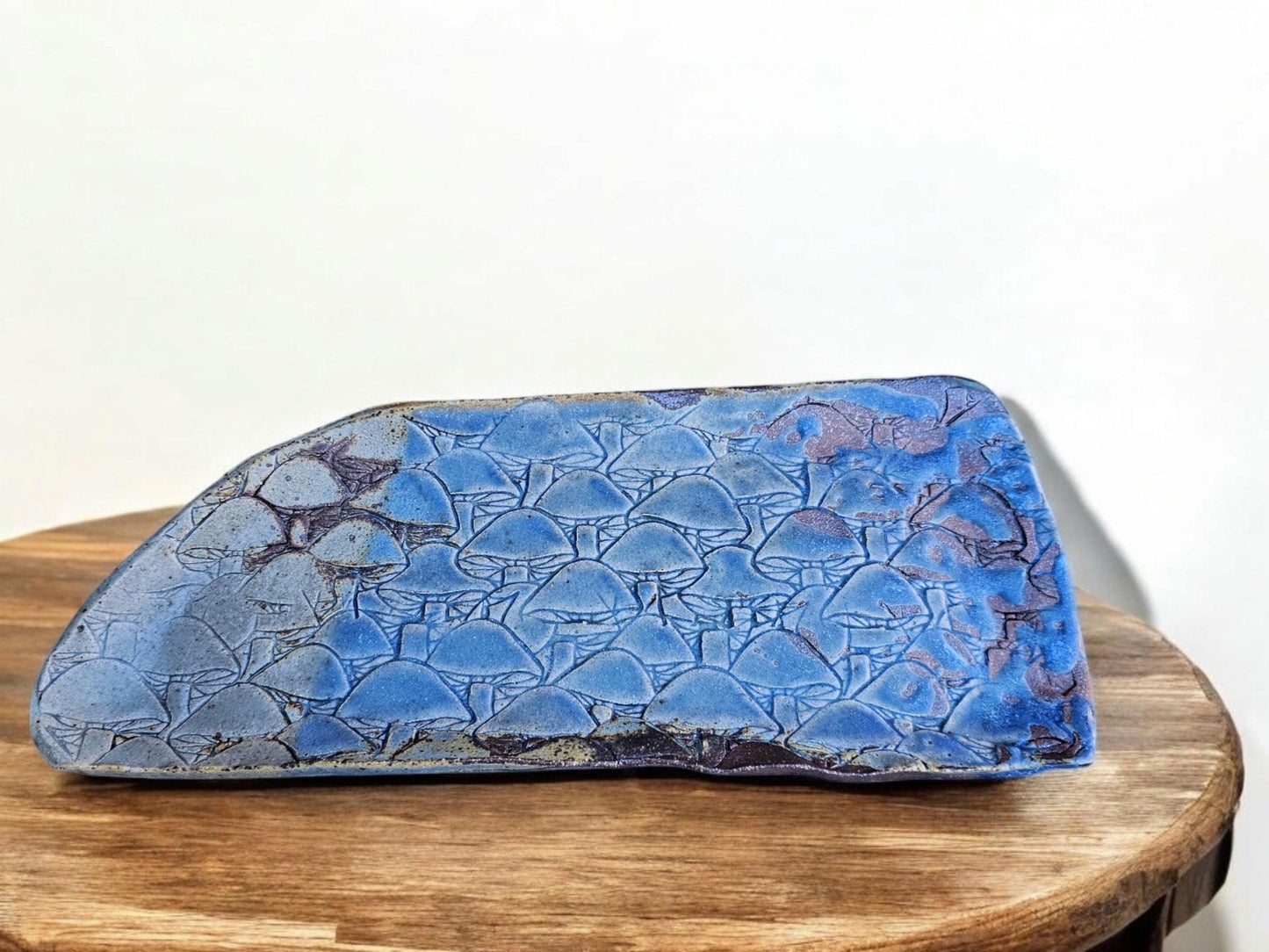 Soda Fired Ceramic Slab Plate: Blue Mushroom Texture, Rustic Sushi Charcuterie Platter