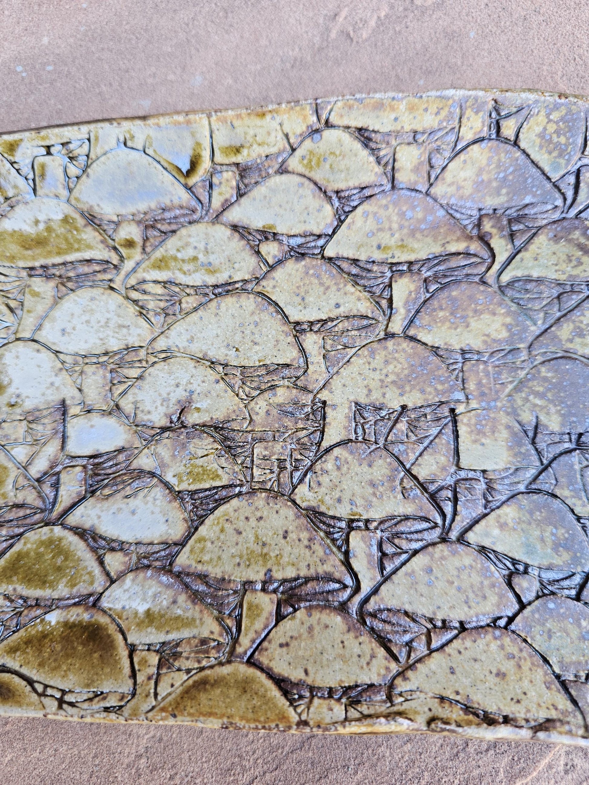 Soda Fired Ceramic Slab Plate: Mushroom Texture, Rustic Sushi Charcuterie Platter