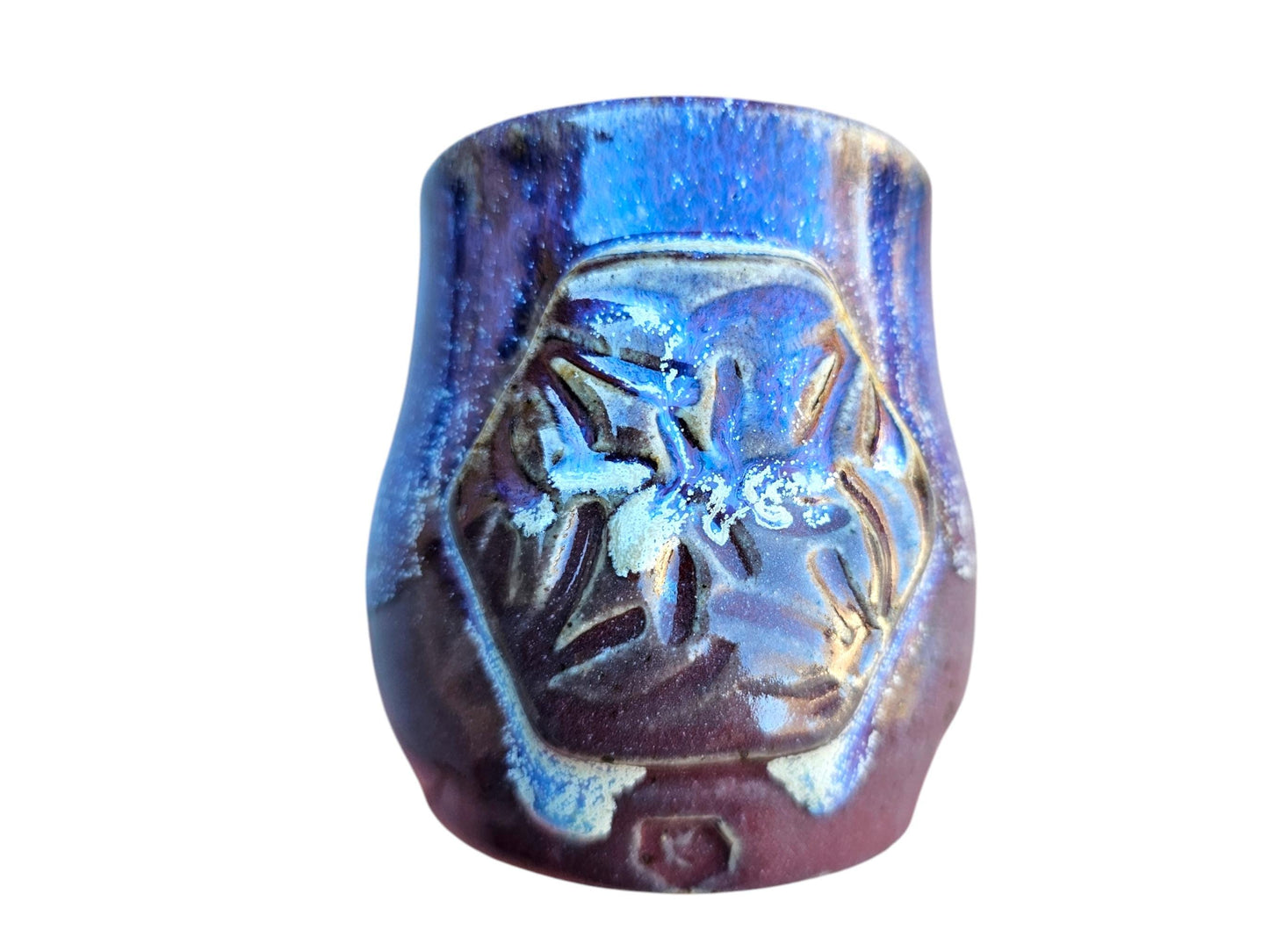 Handmade Celtic Knot Mug: Purple Titanium Crystal Pottery, 8 oz Gas Fired