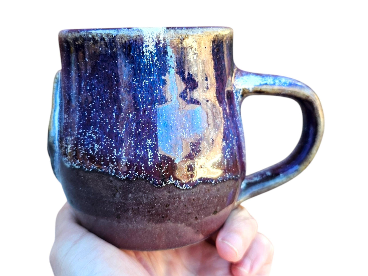 Handmade Celtic Knot Mug: Purple Titanium Crystal Pottery, 8 oz Gas Fired