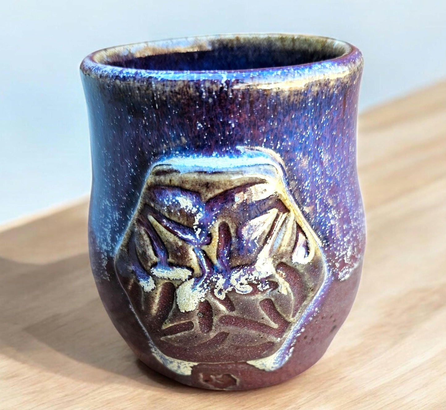 Handmade Celtic Knot Mug: Purple Titanium Crystal Pottery, 8 oz Gas Fired