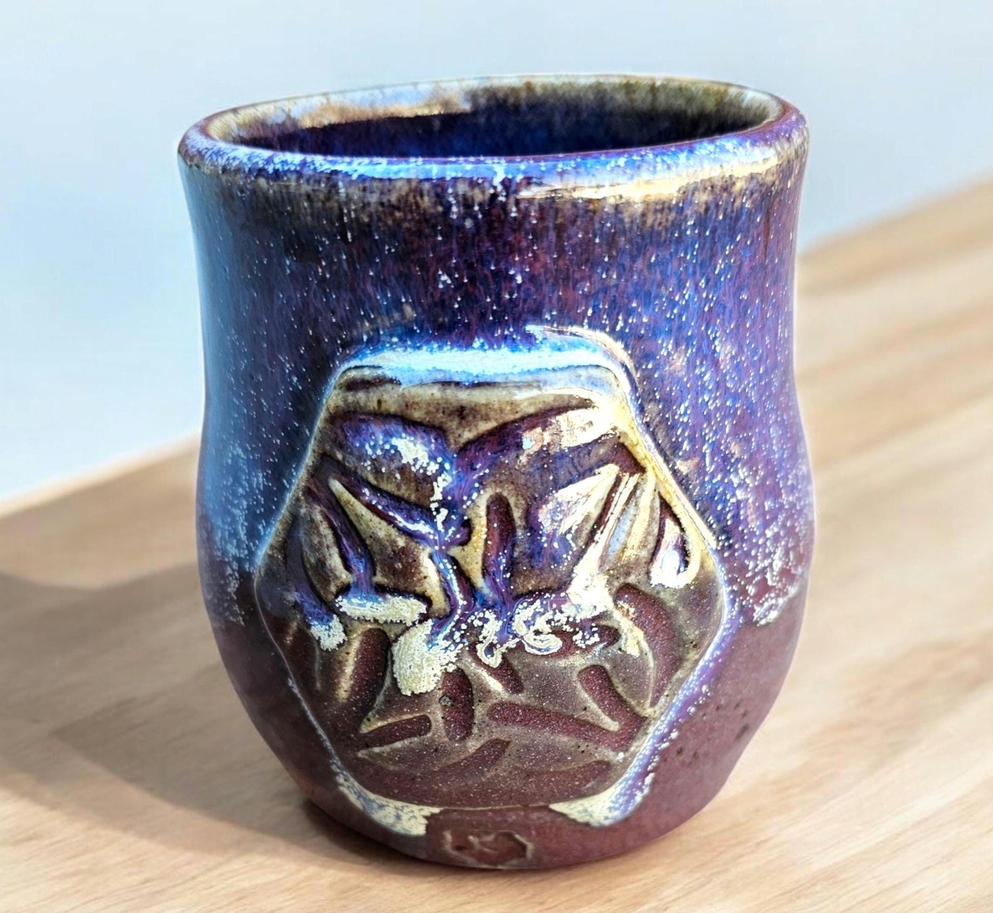 Handmade Celtic Knot Mug: Purple Titanium Crystal Pottery, 8 oz Gas Fired