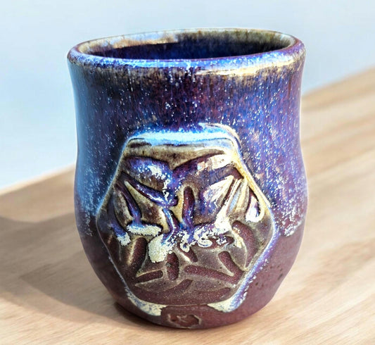 Handmade Celtic Knot Mug: Purple Titanium Crystal Pottery, 8 oz Gas Fired