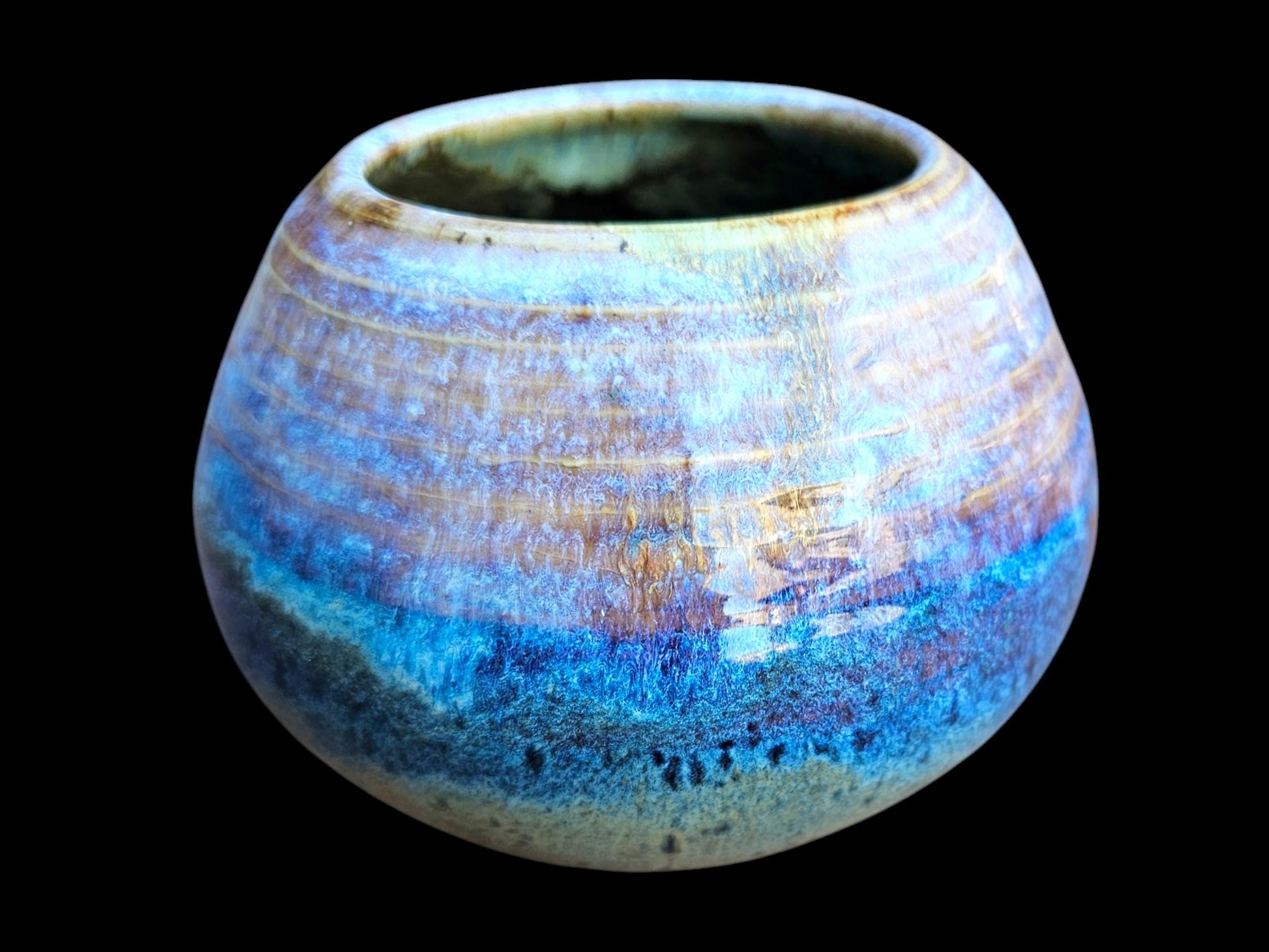 Handmade Ceramic round Jar Vase: Rainbow Lustre Glaze, Signed Art Pottery (6" x 4")