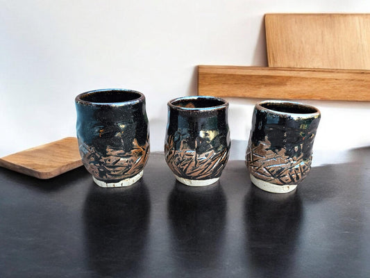 Set of 3: Hand-Carved Teadust Glaze Yunomi Cups
