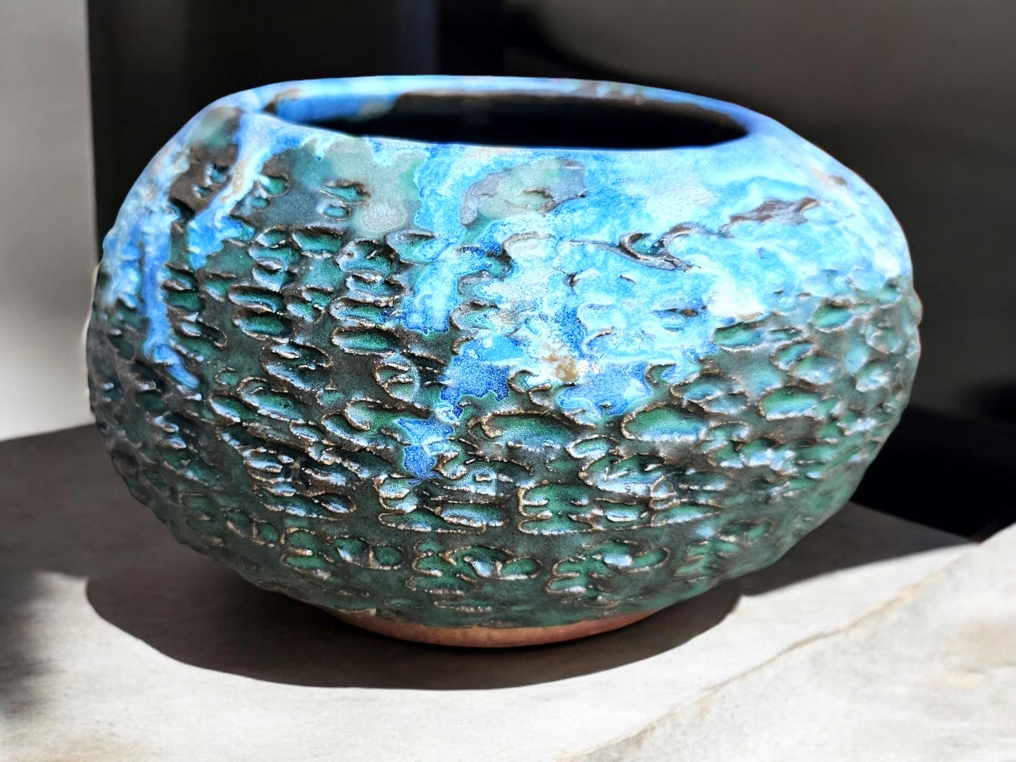 Textured Ceramic Urchin Vase: Soda Fired Blue Green Ikebana Decor