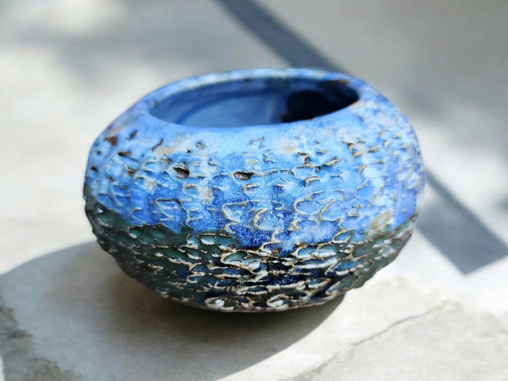 Textured Ceramic Urchin Vase: Soda Fired Blue Green Ikebana Decor