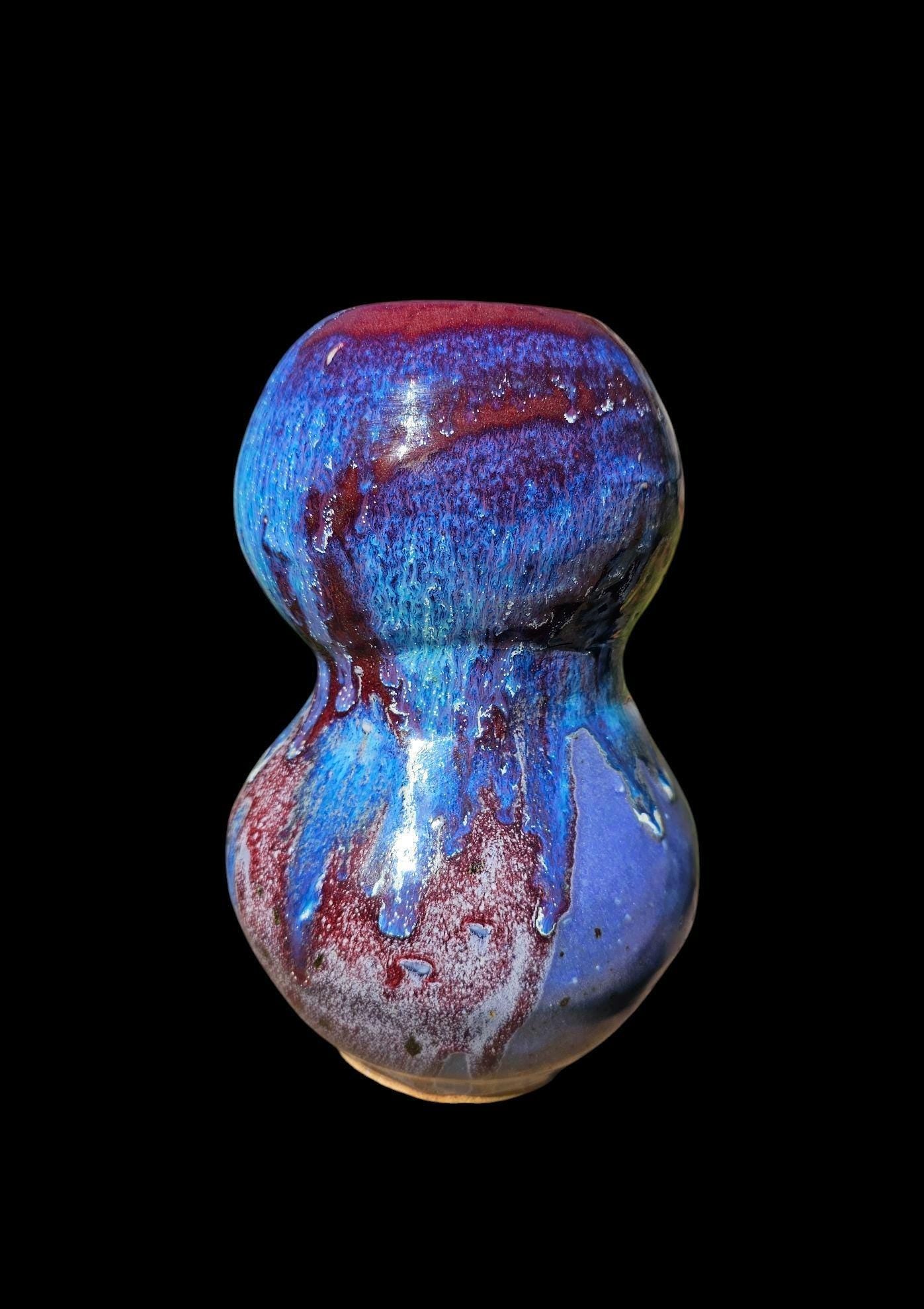 Sculptural Stoneware Vase: Gas Fired Pottery Art, Purple Blue Red