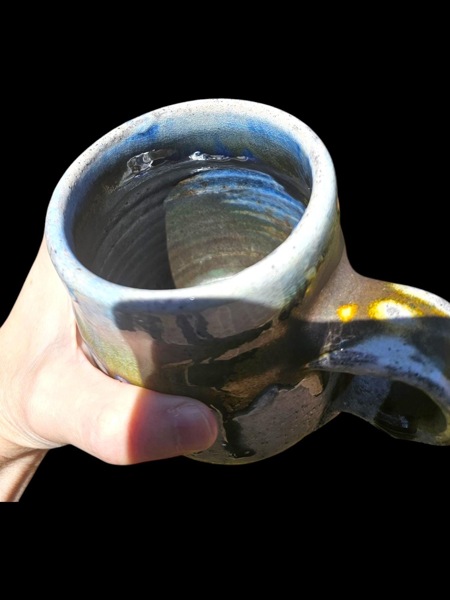 Handmade Soda Fired Mug: Blue Green Drip Art Pottery (10 oz)
