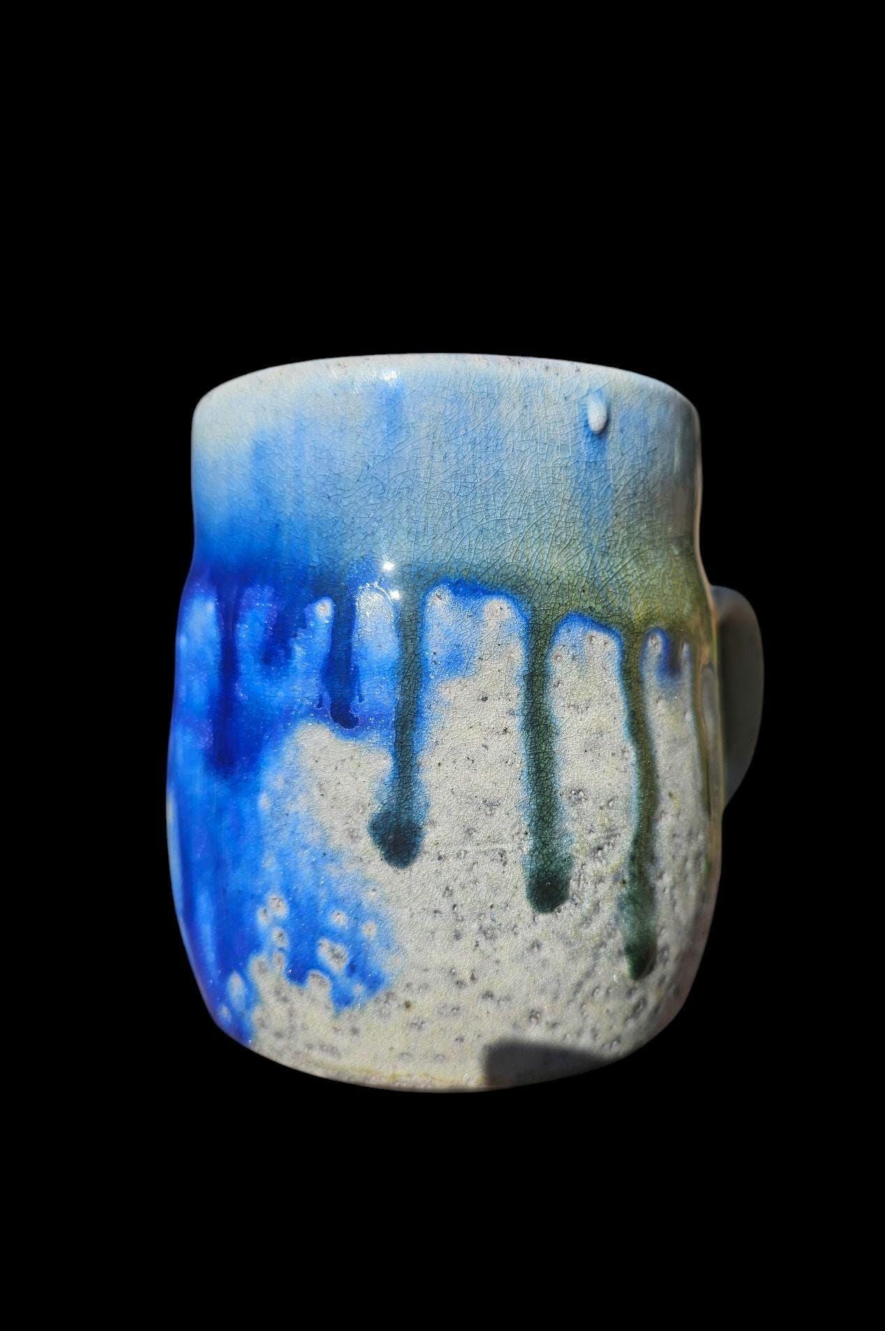Handmade Soda Fired Mug: Blue Green Drip Art Pottery (10 oz)