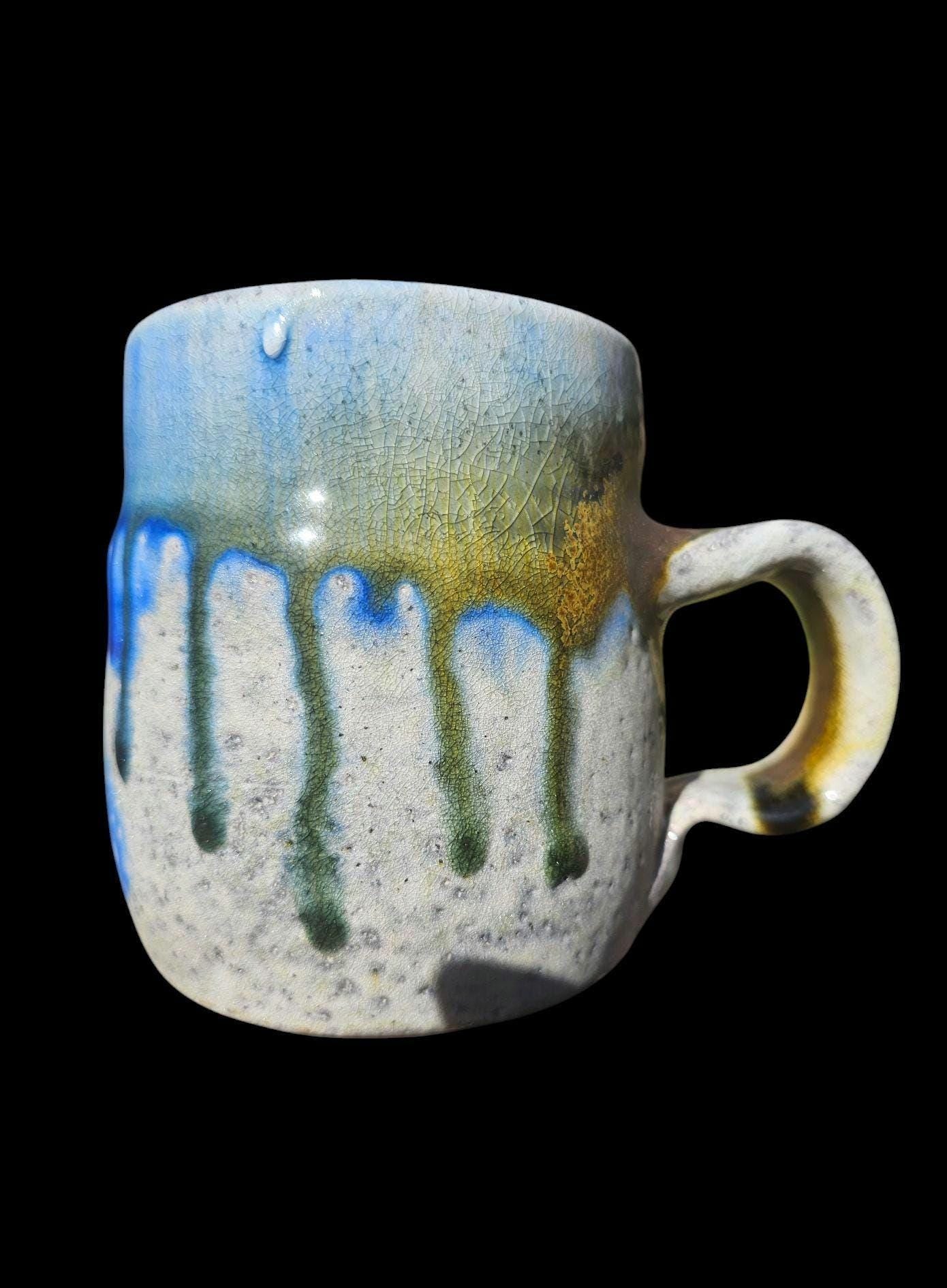 Handmade Soda Fired Mug: Blue Green Drip Art Pottery (10 oz)