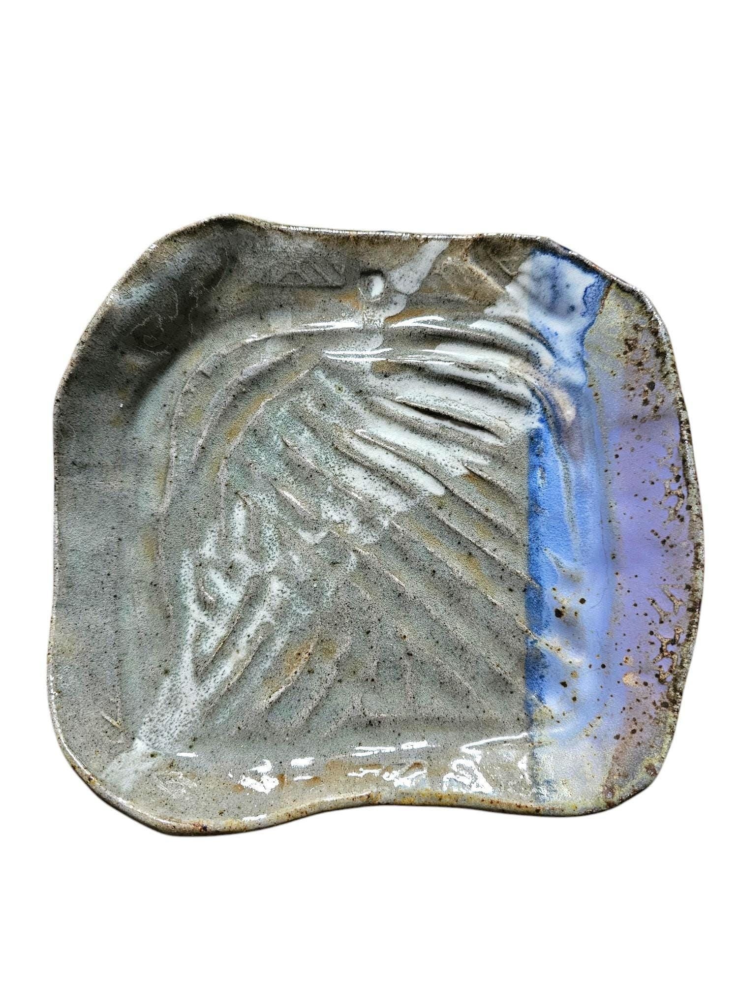 Soda Fired Ceramic rustic wabisabi abstract Slab Plate: Handmade folk Art, 9x9 pottery unique