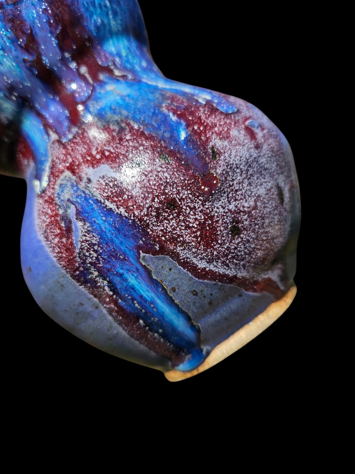 Sculptural Stoneware Vase: Gas Fired Pottery Art, Purple Blue Red