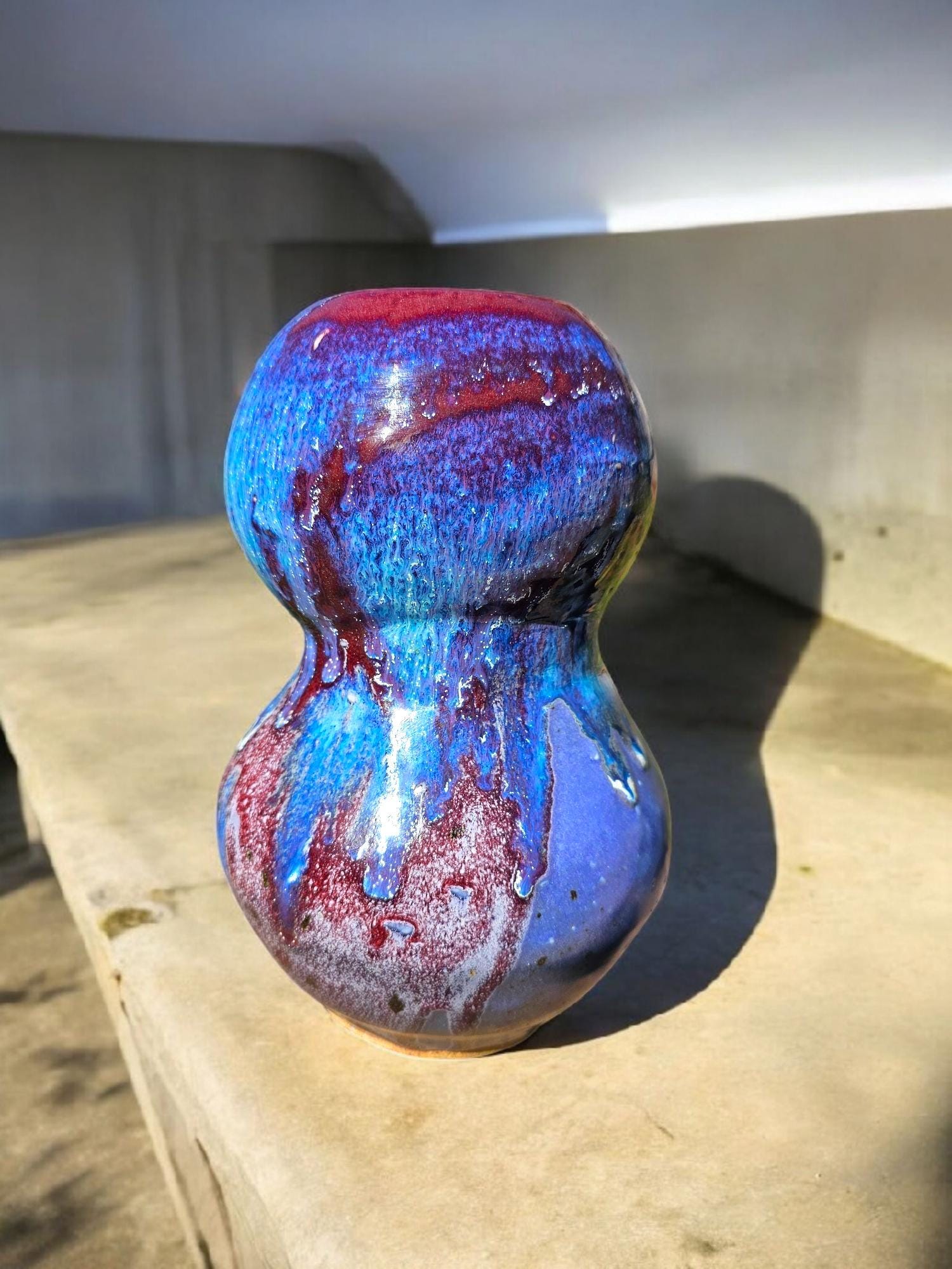 Sculptural Stoneware Vase: Gas Fired Pottery Art, Purple Blue Red