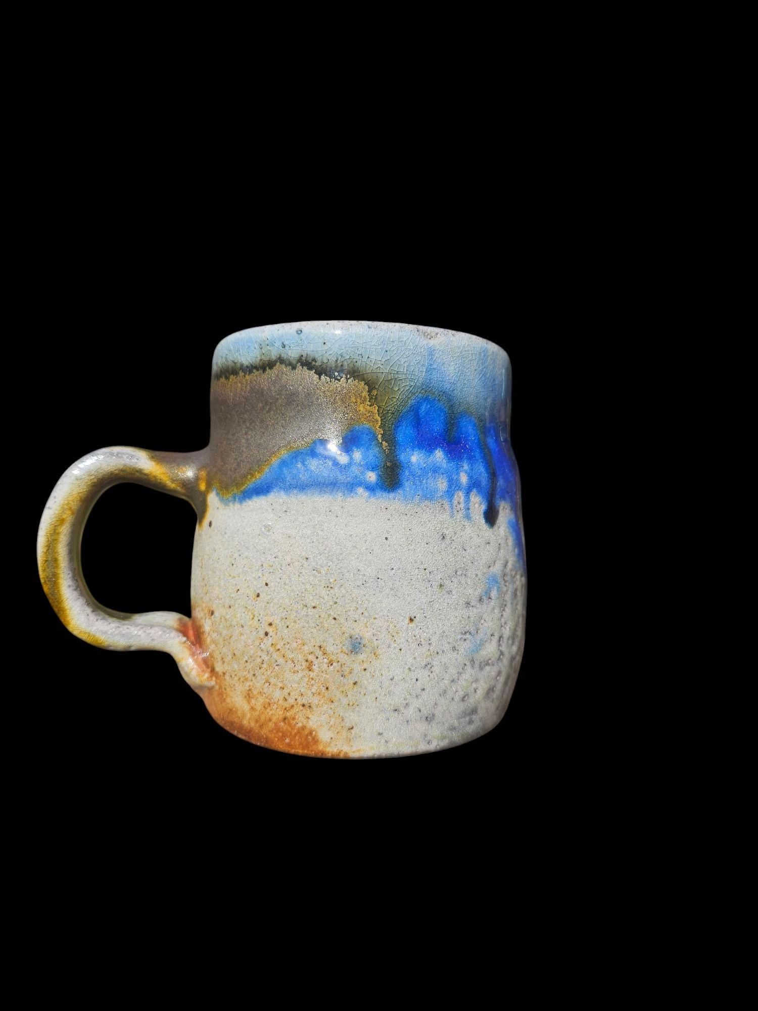 Handmade Soda Fired Mug: Blue Green Drip Art Pottery (10 oz)