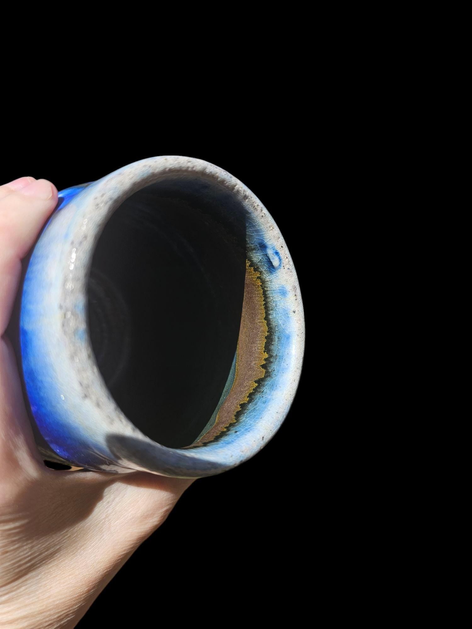 Handmade Soda Fired Mug: Blue Green Drip Art Pottery (10 oz)