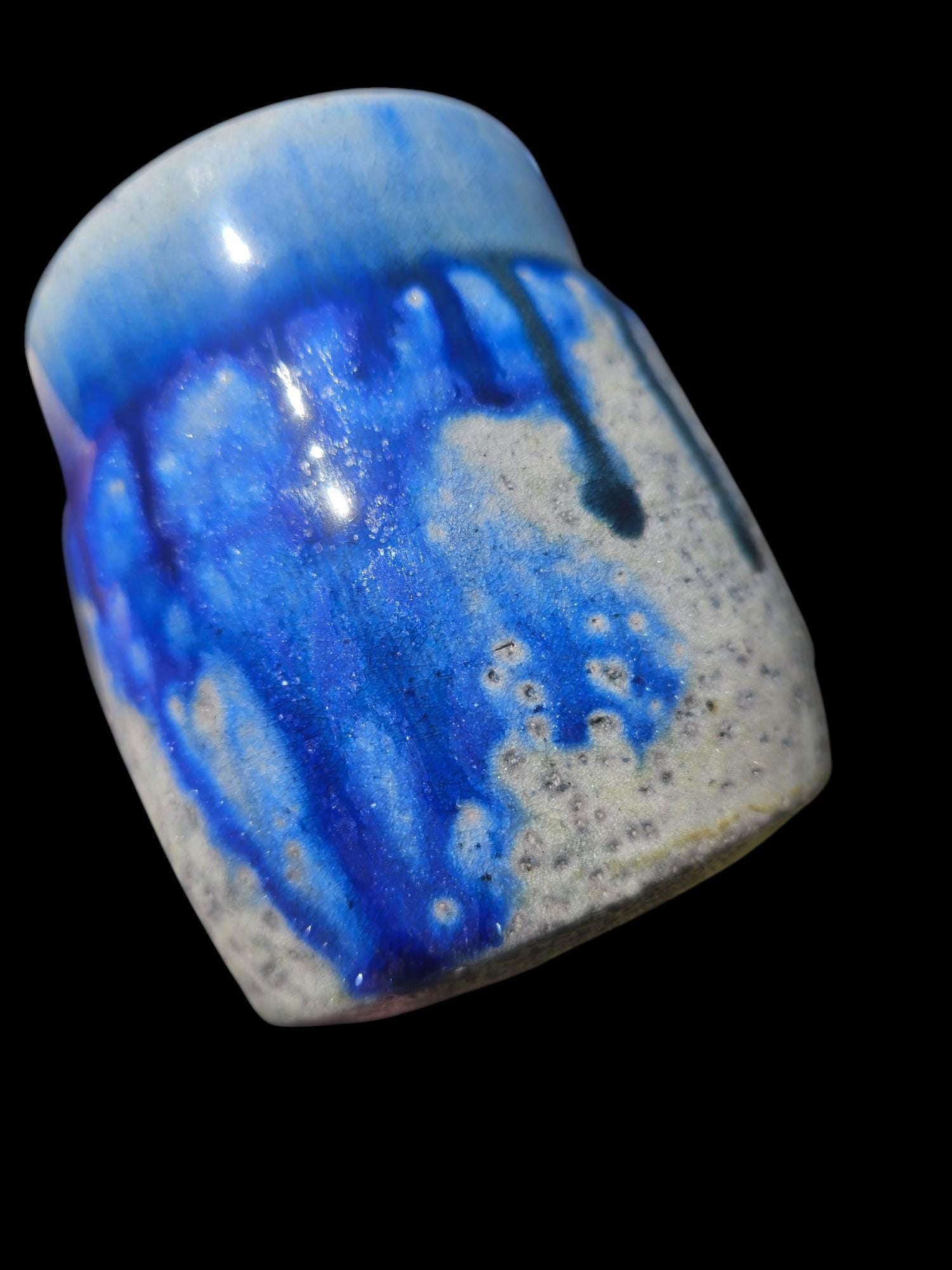 Handmade Soda Fired Mug: Blue Green Drip Art Pottery (10 oz)