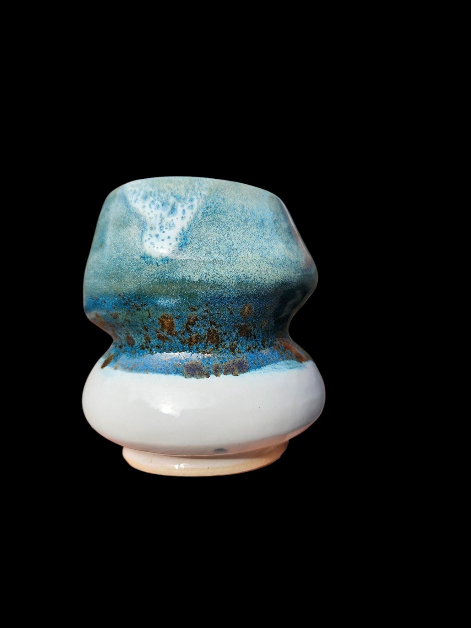 Signed Ceramic Art Vase: Blue, Aqua, White Stoneware Sculpture Bubble unique Form modern art