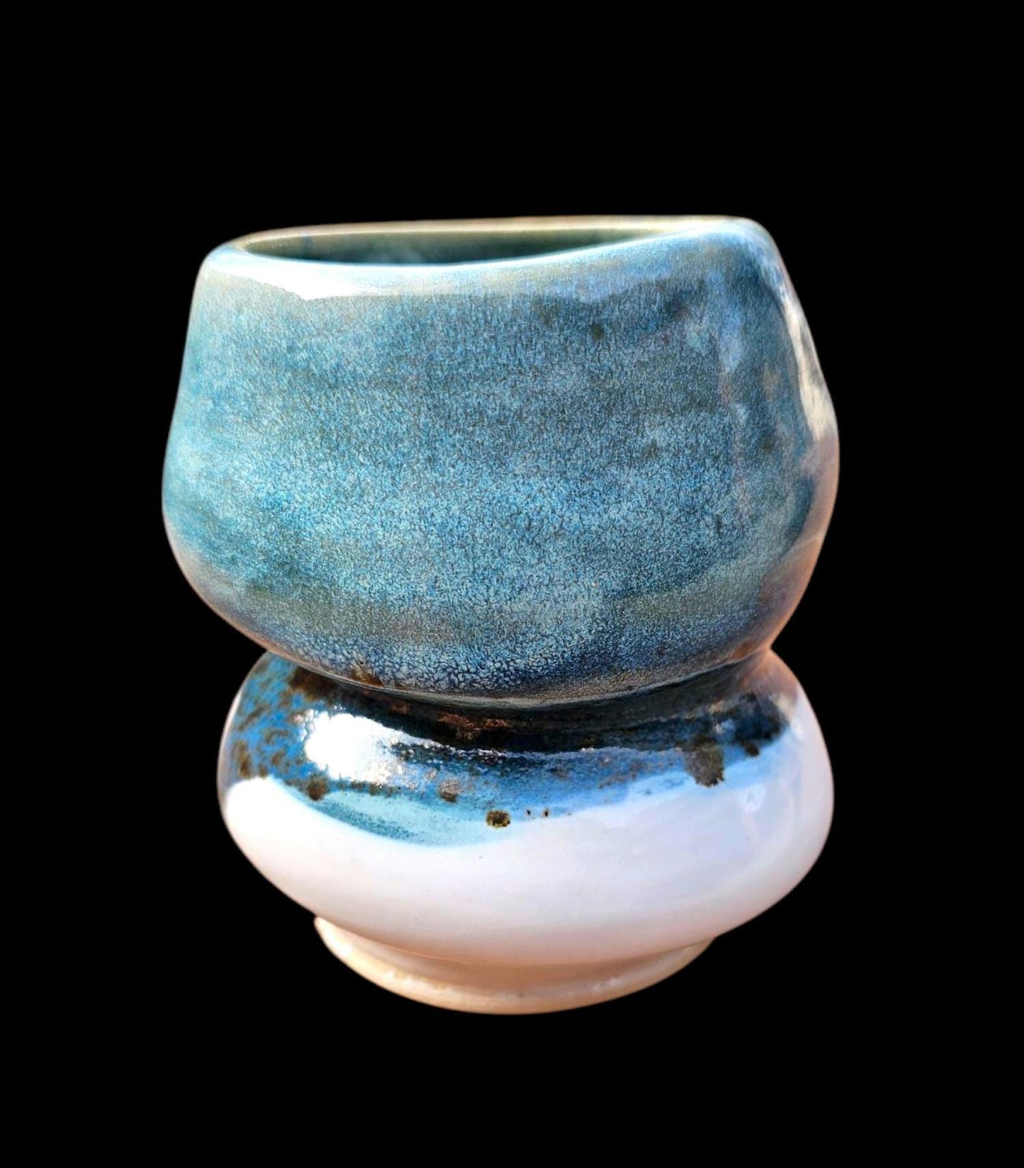 Signed Ceramic Art Vase: Blue, Aqua, White Stoneware Sculpture Bubble unique Form modern art