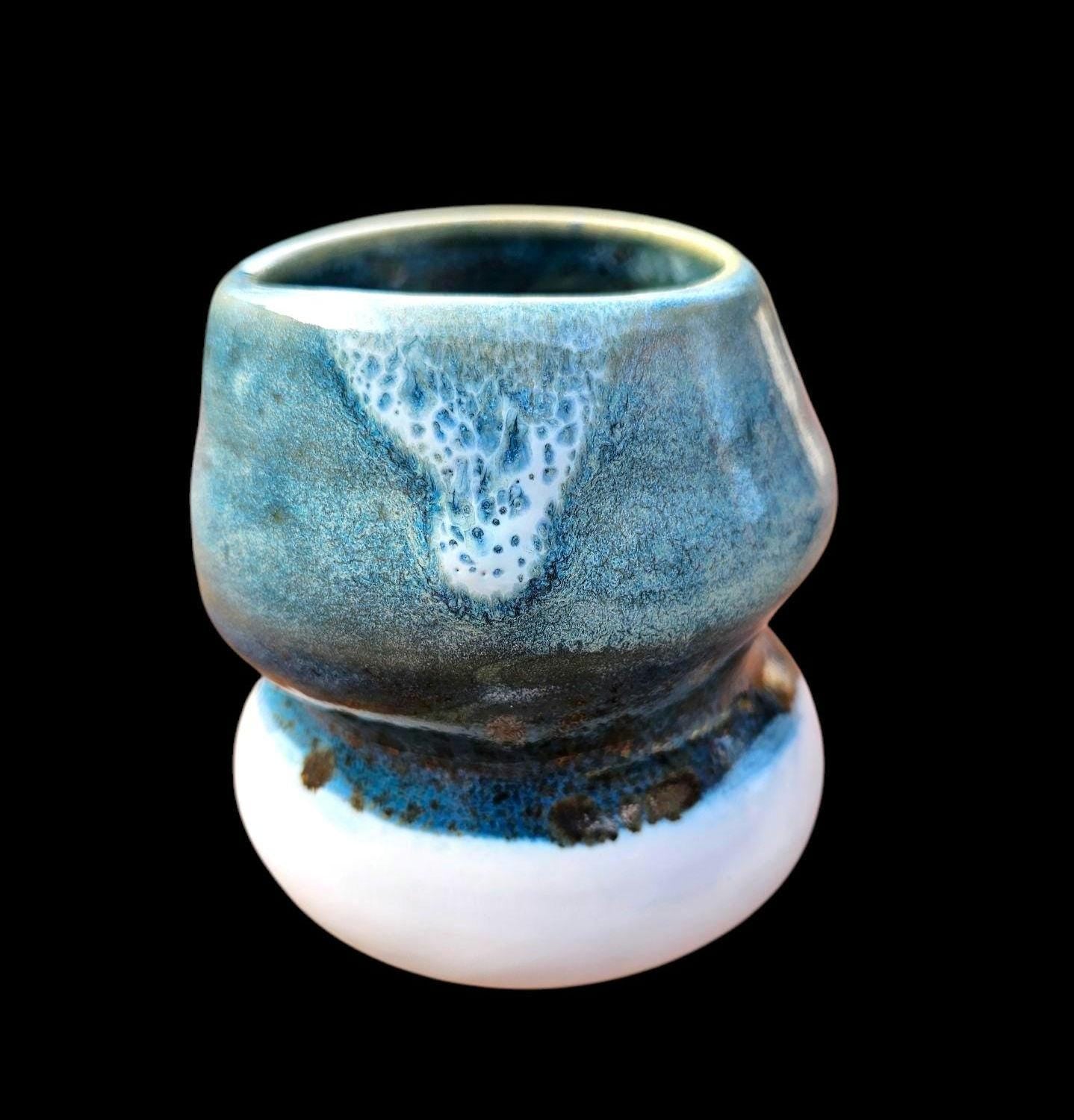 Signed Ceramic Art Vase: Blue, Aqua, White Stoneware Sculpture Bubble unique Form modern art