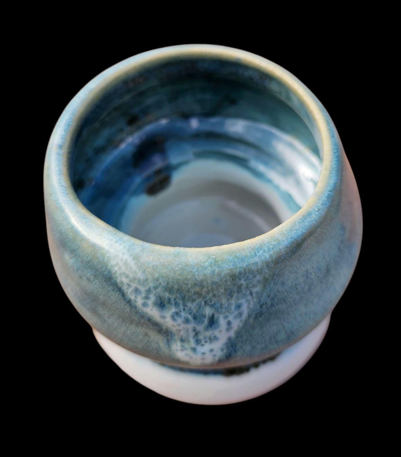 Signed Ceramic Art Vase: Blue, Aqua, White Stoneware Sculpture Bubble unique Form modern art