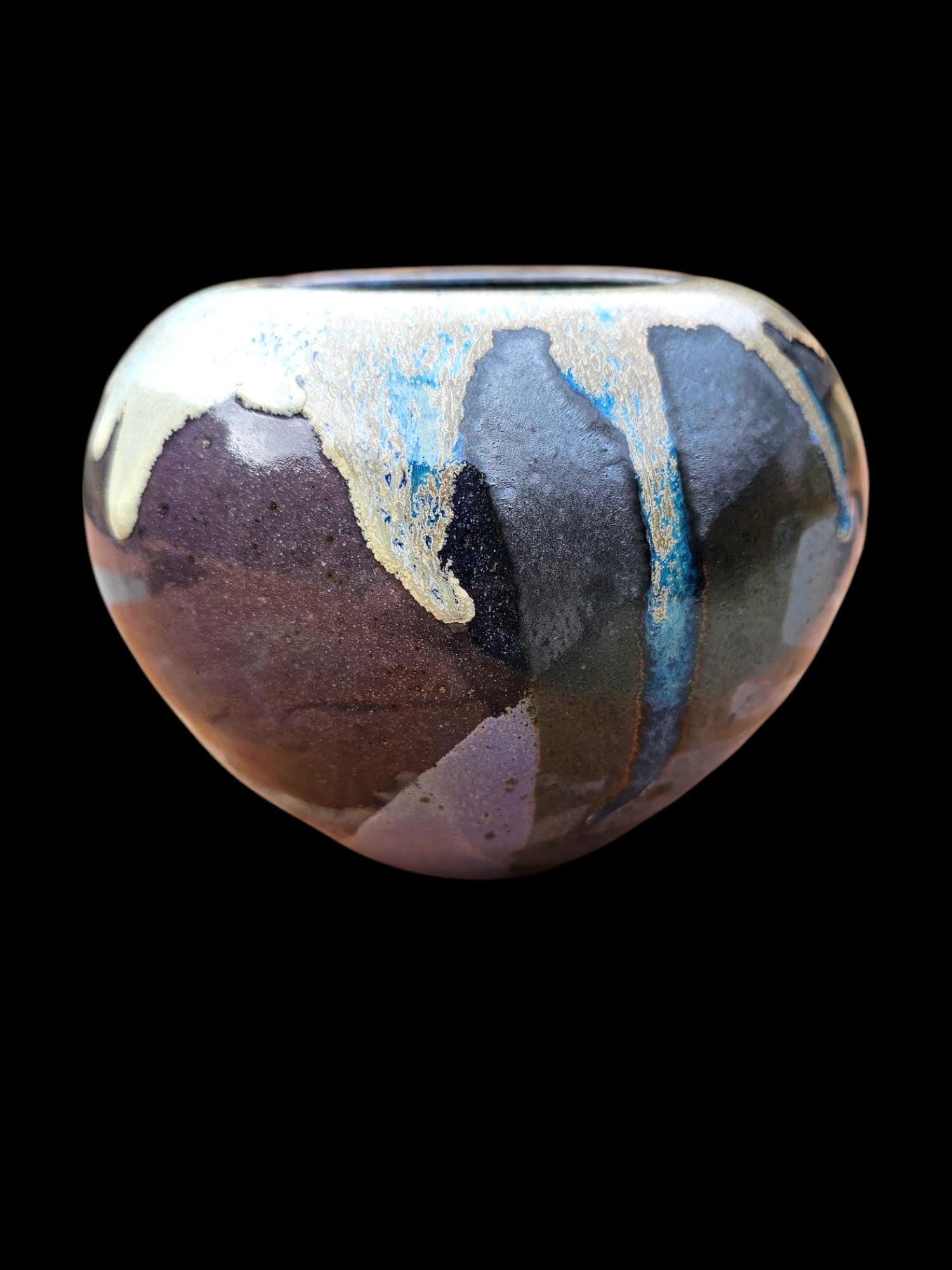 Signed Stoneware Moon Jar Vase: Purple Blue Glaze, Lin Kensington Studio