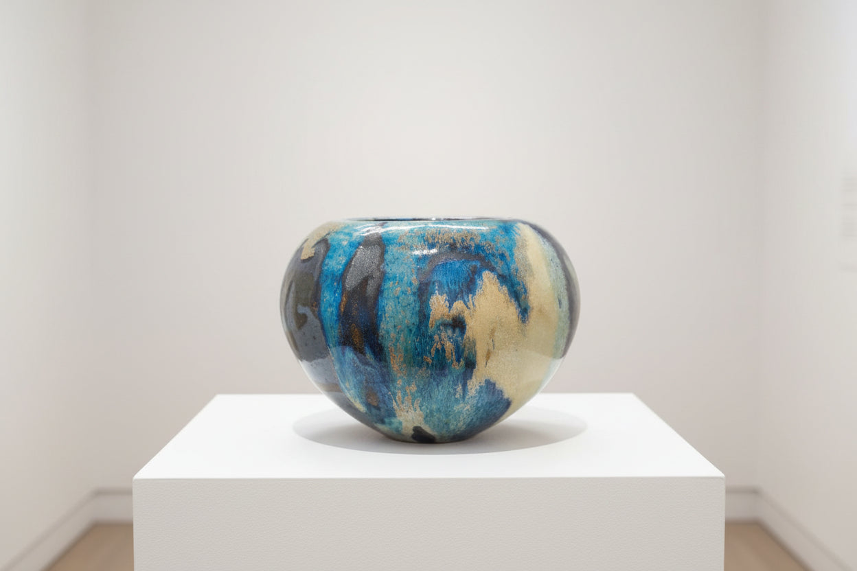 Signed Stoneware Moon Jar Vase: Purple Blue Glaze, Lin Kensington Studio