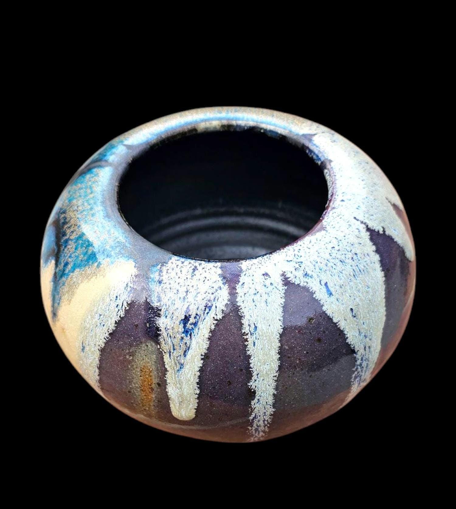 Signed Stoneware Moon Jar Vase: Purple Blue Glaze, Lin Kensington Studio