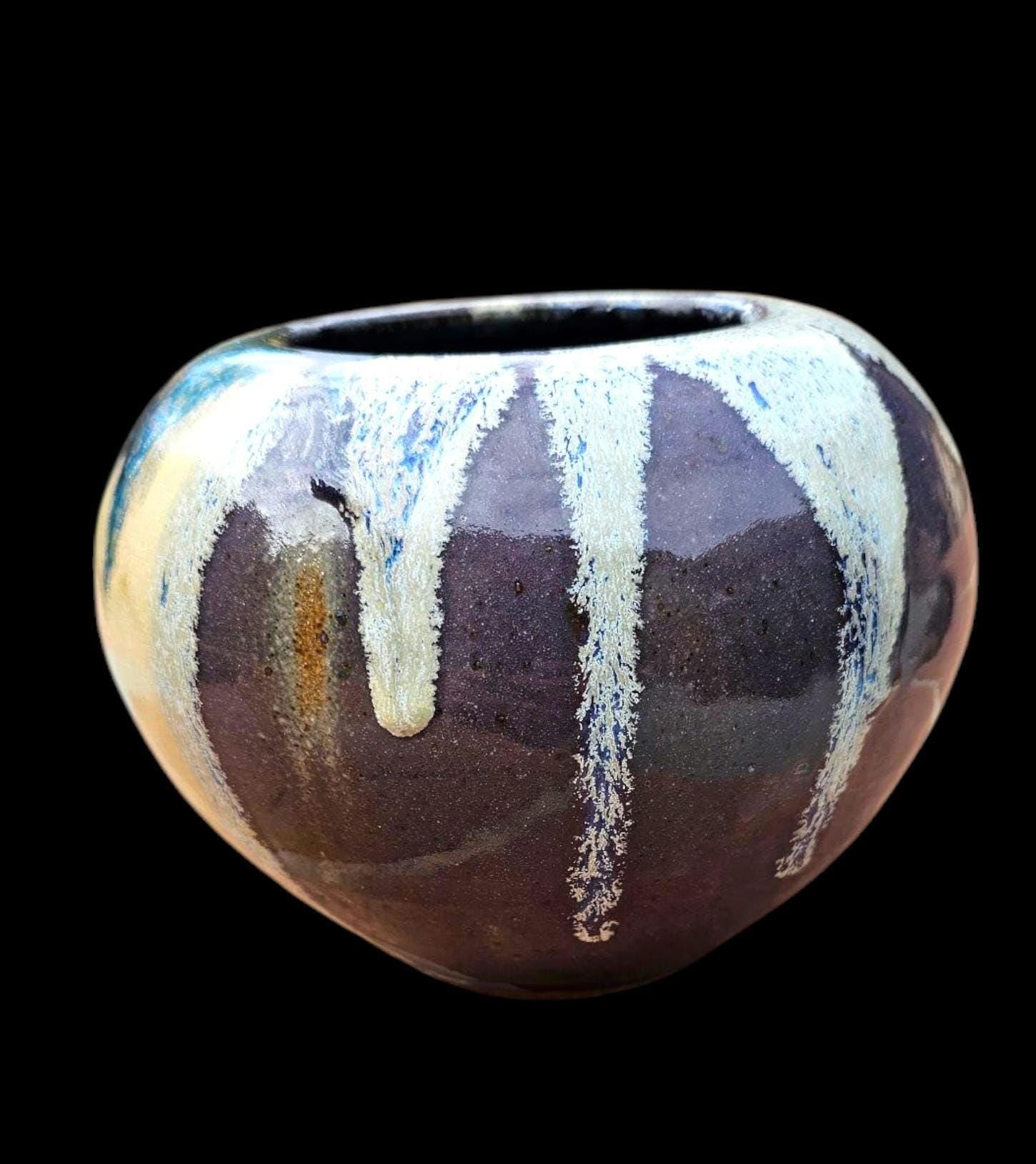 Signed Stoneware Moon Jar Vase: Purple Blue Glaze, Lin Kensington Studio