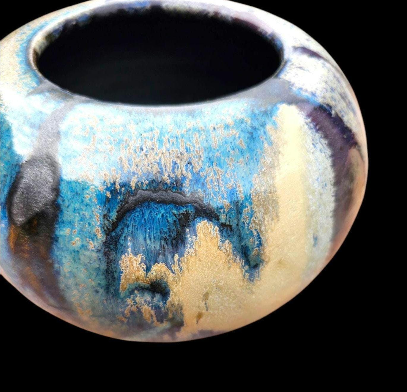 Signed Stoneware Moon Jar Vase: Purple Blue Glaze, Lin Kensington Studio