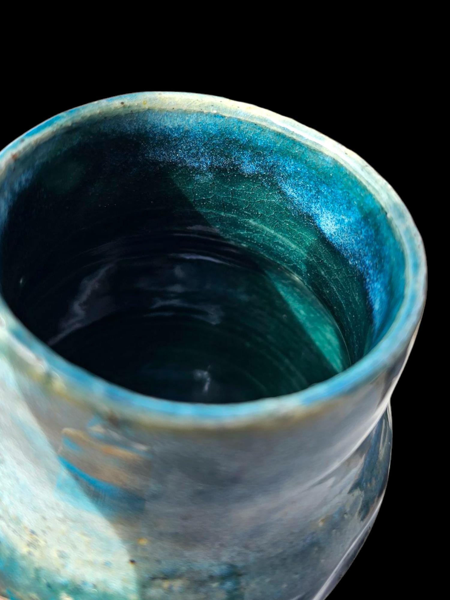 Signed Ceramic 4" small bud Vase: Carved Stoneware Pottery Art, Rainforest Glaze