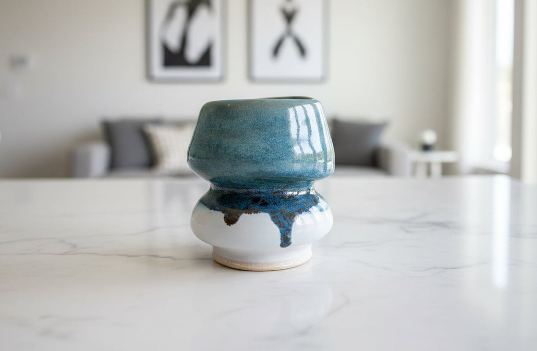 Signed Ceramic Art Vase: Blue, Aqua, White Stoneware Sculpture Bubble unique Form modern art