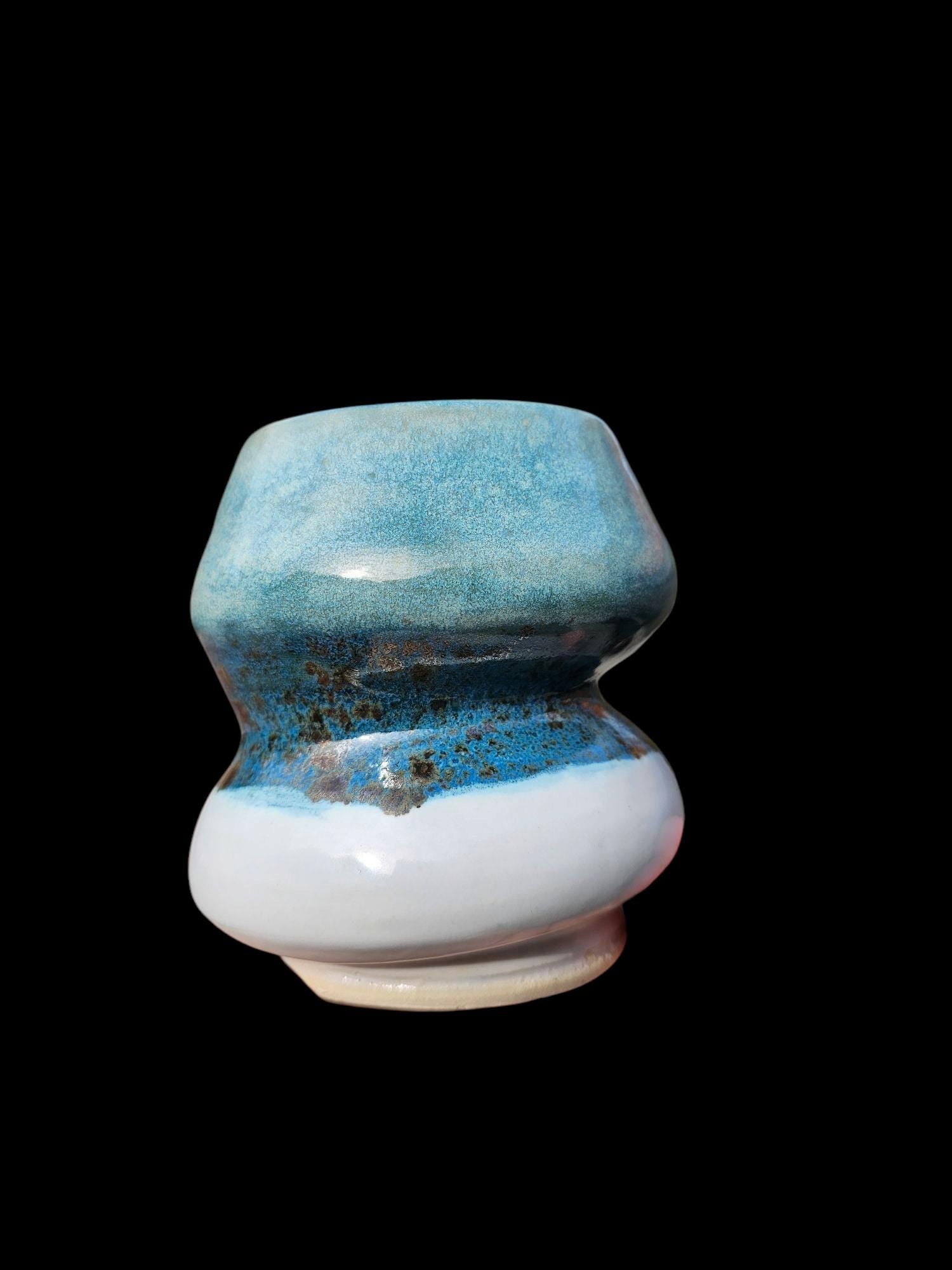 Signed Ceramic Art Vase: Blue, Aqua, White Stoneware Sculpture Bubble unique Form modern art