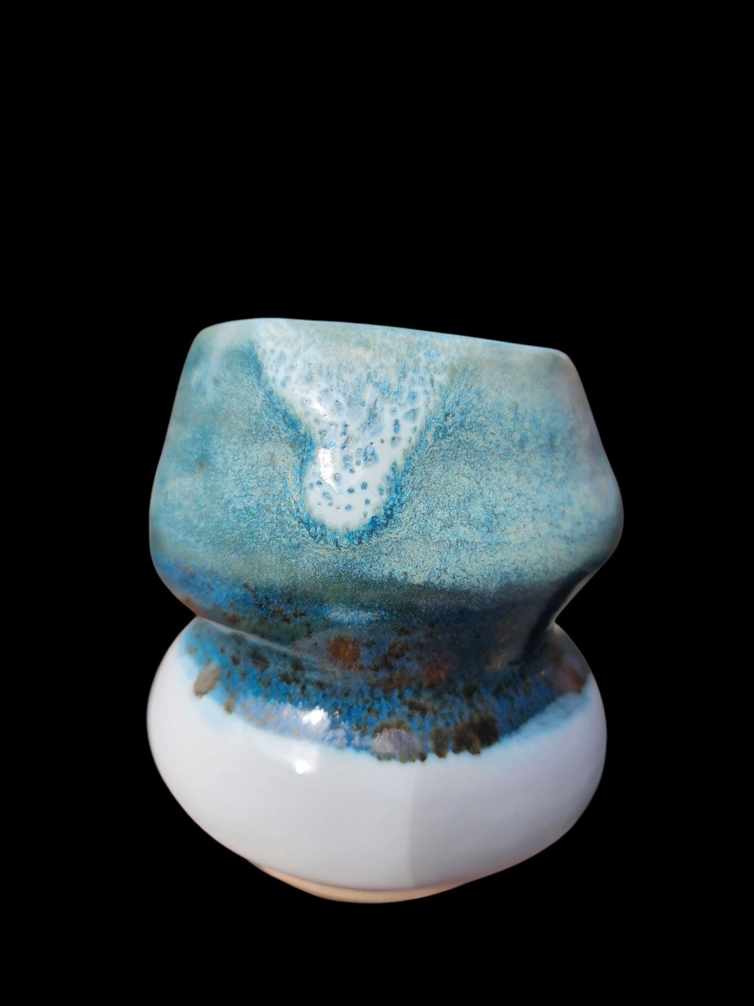 Signed Ceramic Art Vase: Blue, Aqua, White Stoneware Sculpture Bubble unique Form modern art