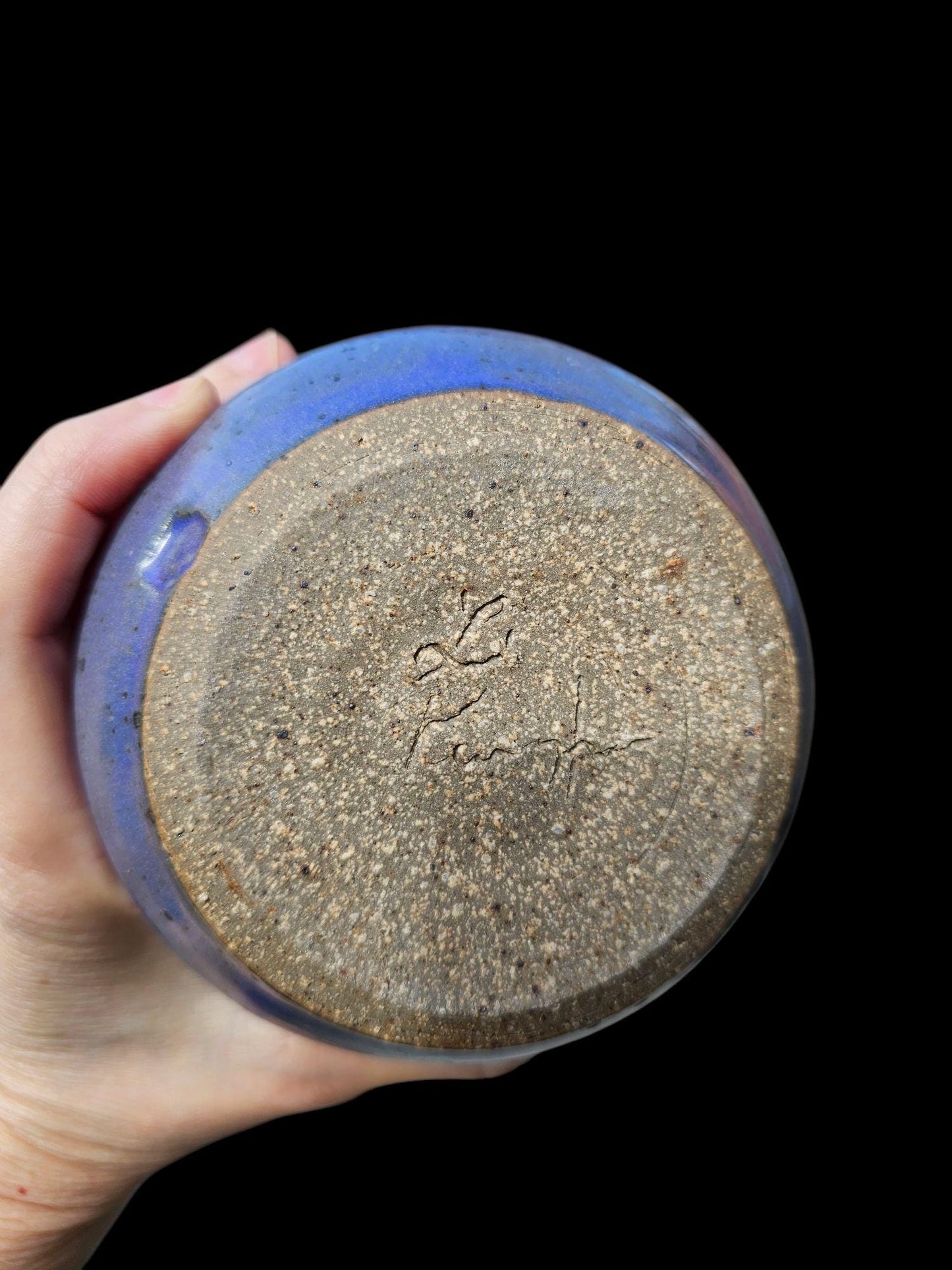 Signed Lin Kensington Stoneware Vase: Purple Ceramic Sculpture 5" Speckled clay Rustic