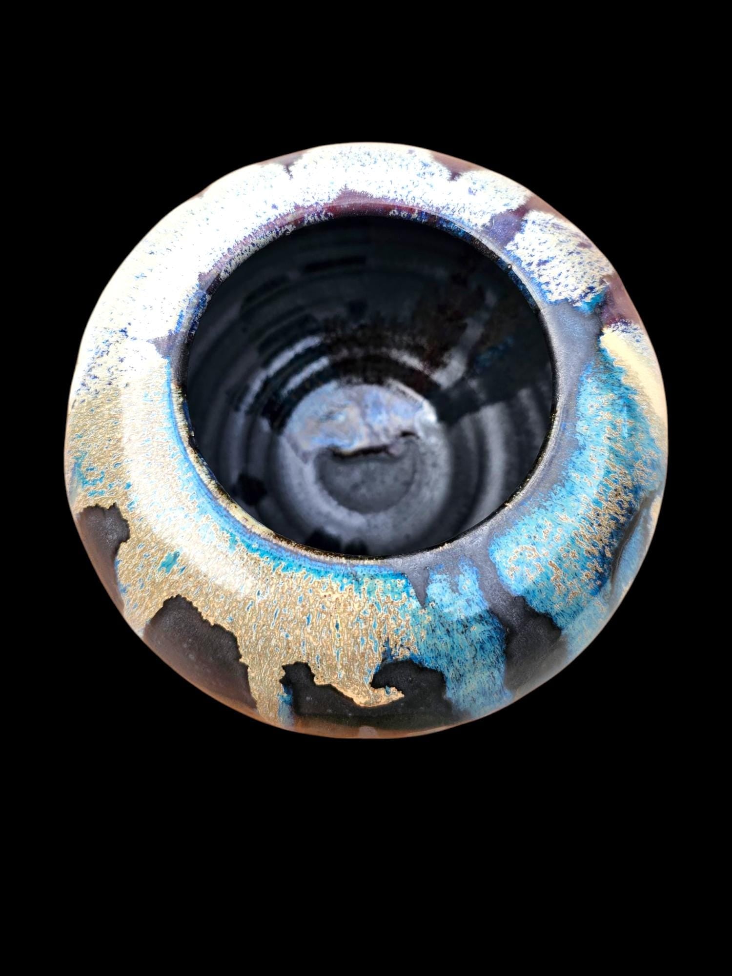 Signed Stoneware Moon Jar Vase: Purple Blue Glaze, Lin Kensington Studio