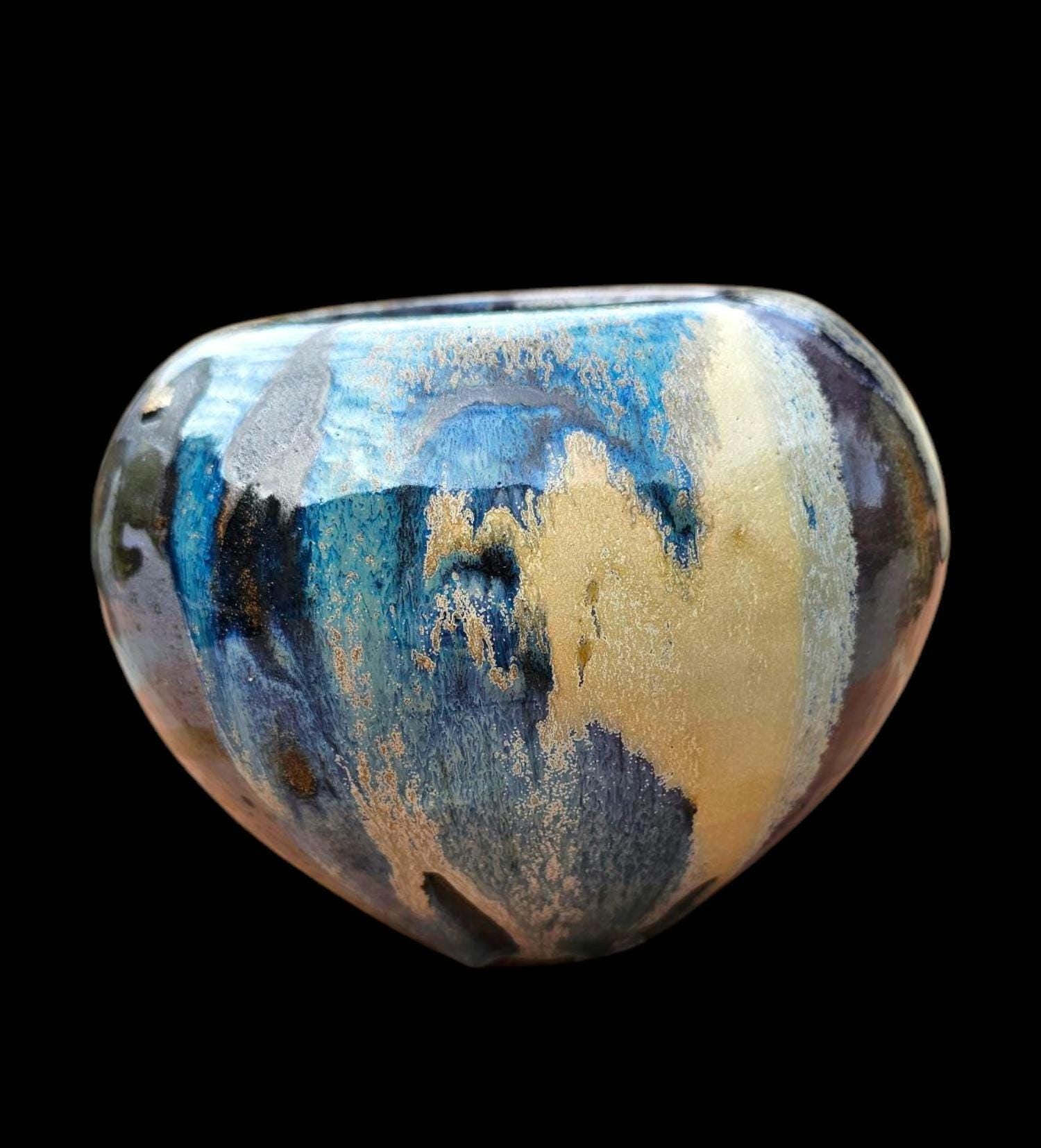 Signed Stoneware Moon Jar Vase: Purple Blue Glaze, Lin Kensington Studio