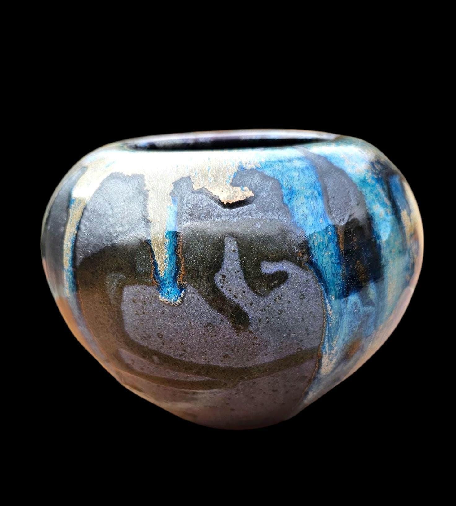 Signed Stoneware Moon Jar Vase: Purple Blue Glaze, Lin Kensington Studio