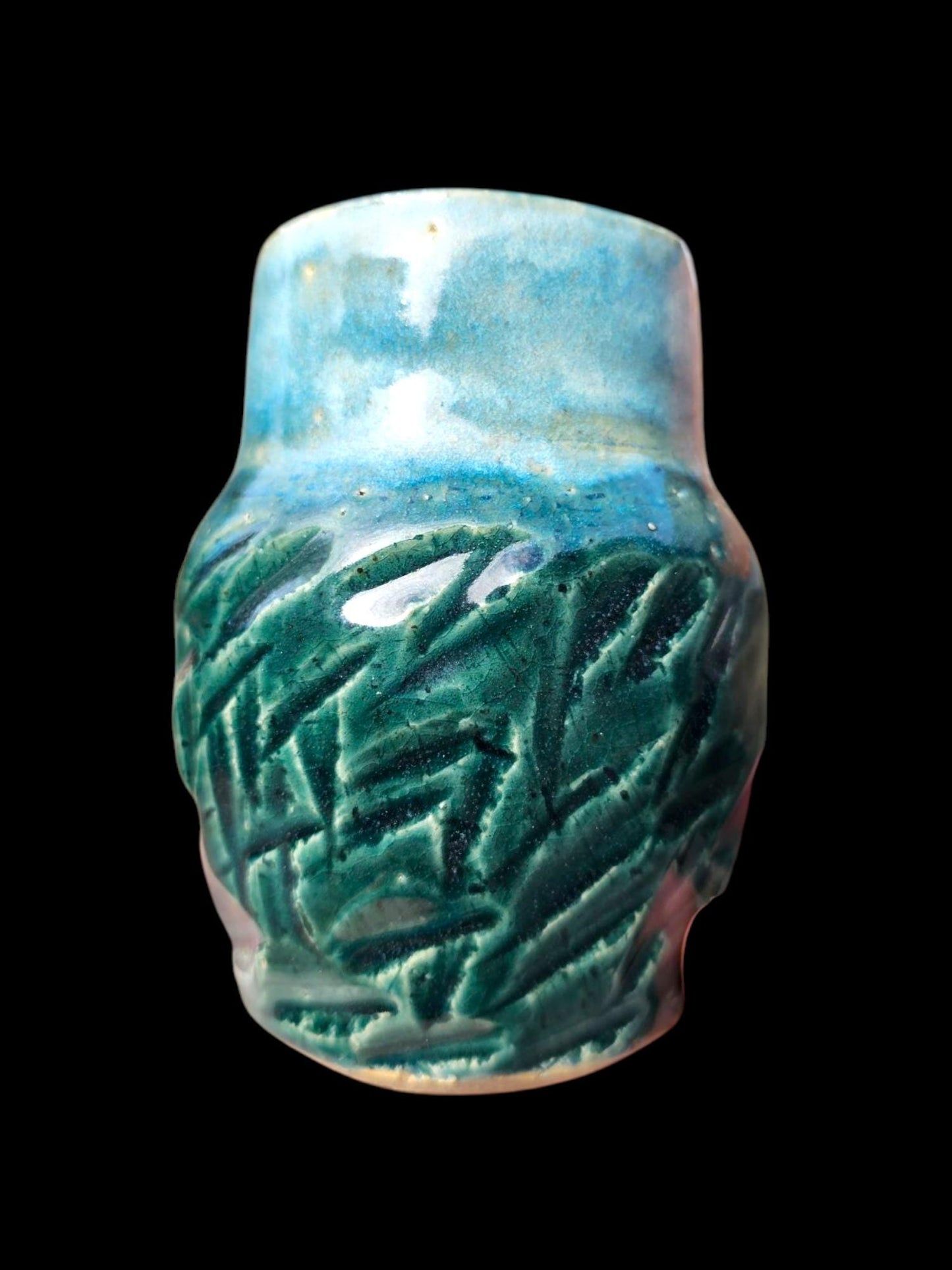 Signed Ceramic 4" small bud Vase: Carved Stoneware Pottery Art, Rainforest Glaze