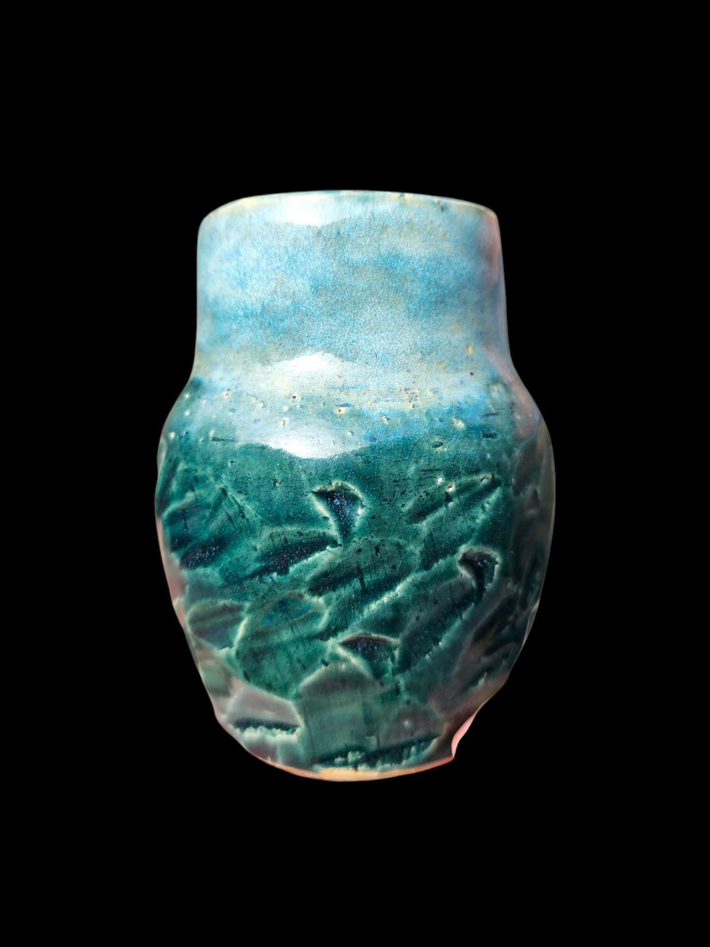Signed Ceramic 4" small bud Vase: Carved Stoneware Pottery Art, Rainforest Glaze