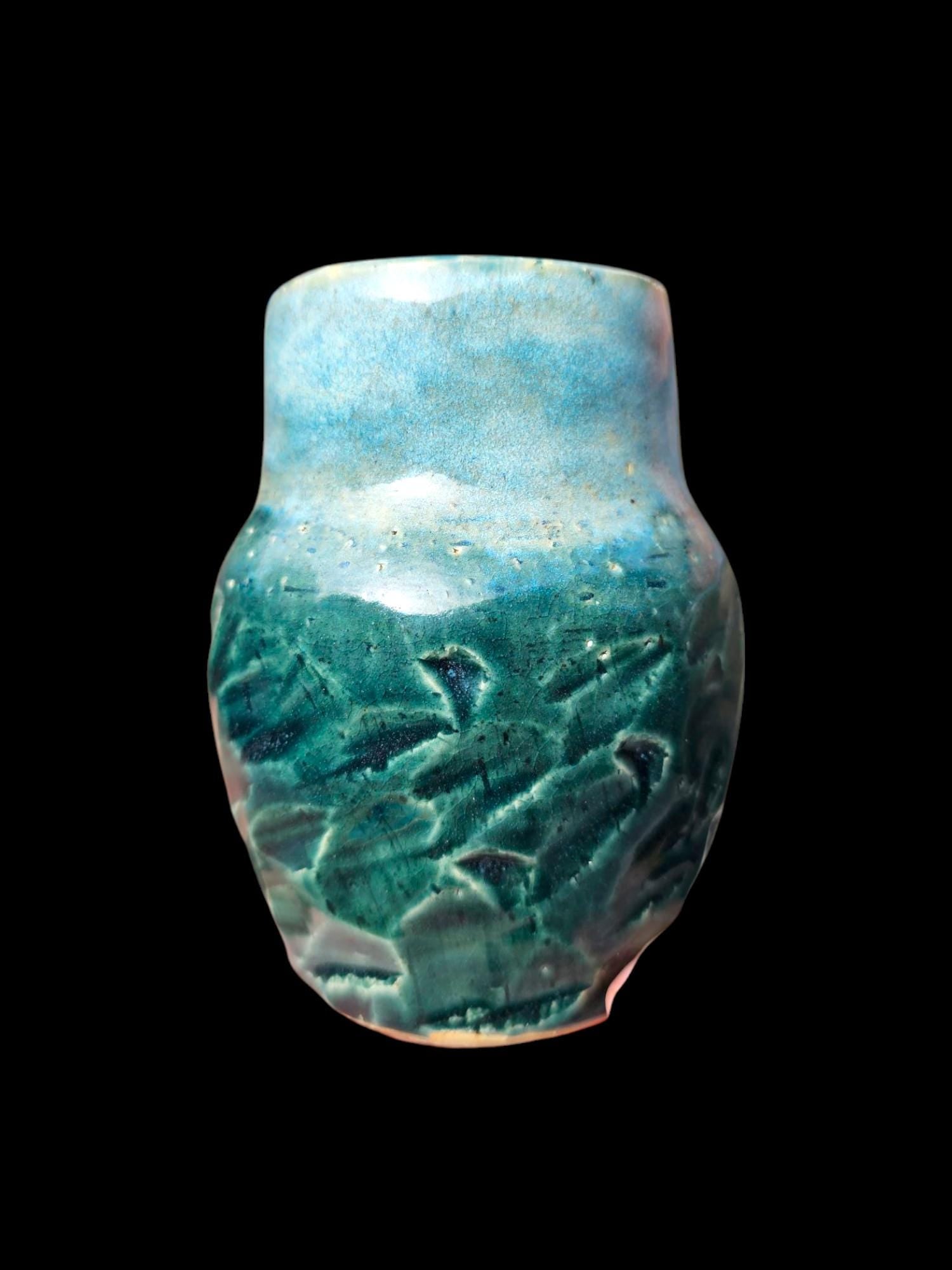 Signed Ceramic 4" small bud Vase: Carved Stoneware Pottery Art, Rainforest Glaze