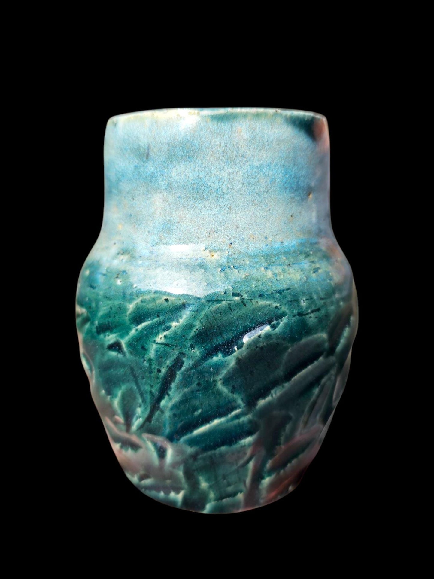Signed Ceramic 4" small bud Vase: Carved Stoneware Pottery Art, Rainforest Glaze