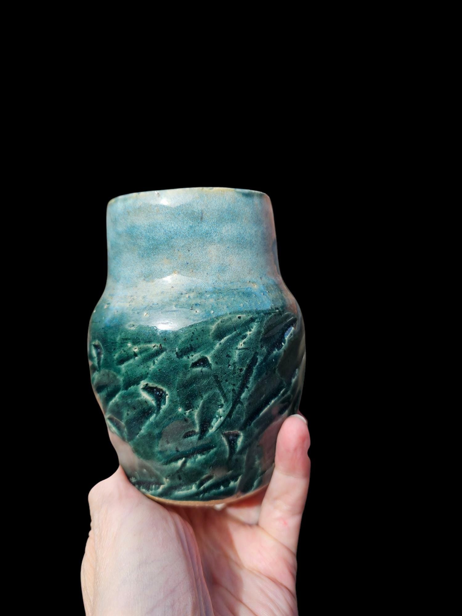Signed Ceramic 4" small bud Vase: Carved Stoneware Pottery Art, Rainforest Glaze
