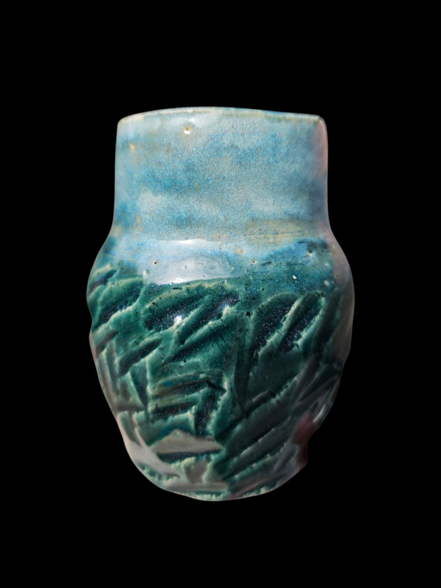Signed Ceramic 4" small bud Vase: Carved Stoneware Pottery Art, Rainforest Glaze
