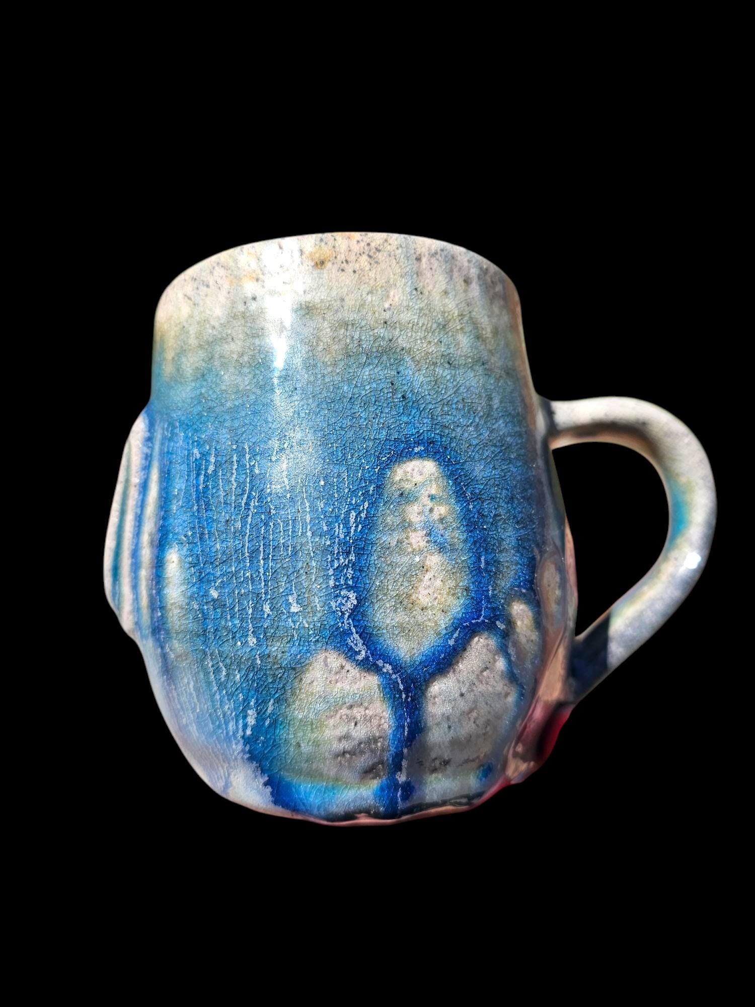 Soda Fired Ceramic Mug: Gecko Art, Blue Green Pottery (8 oz)